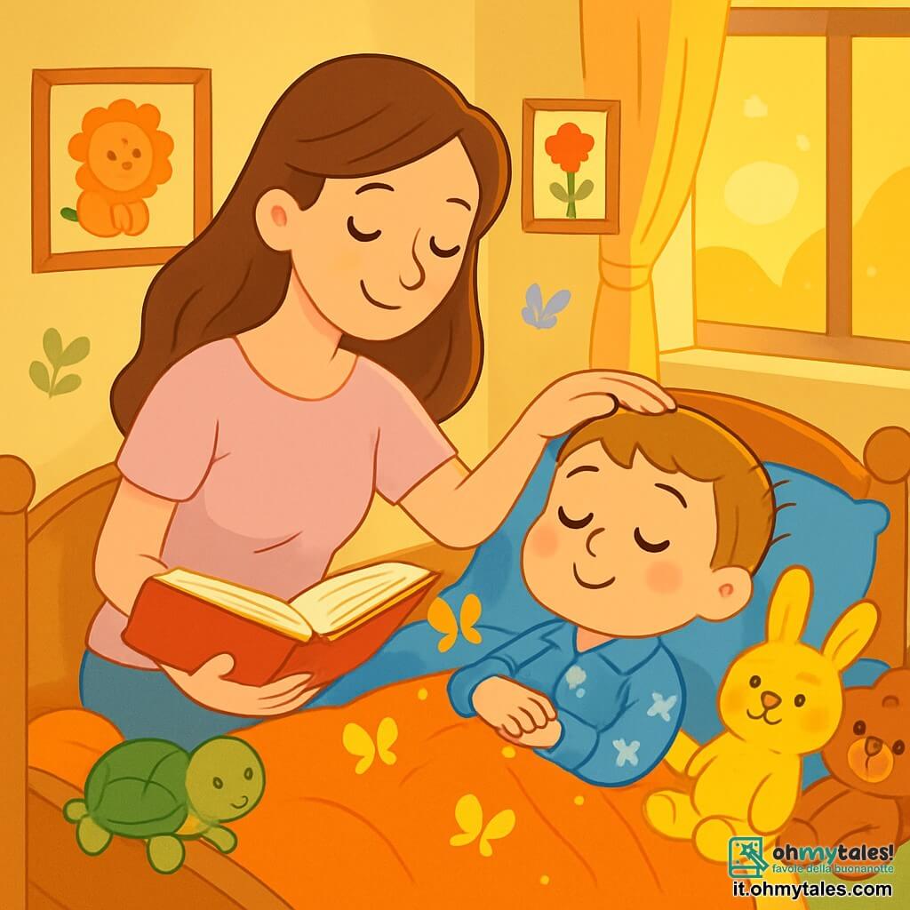 Un bambino di 2 anni, con grandi occhi brillanti e un dolce sorriso, è sdraiato nel suo letto accogliente, circondato da cuscini morbidi e peluche colorati. Indossa un pigiama blu con stelle bianche e sembra calmo e sereno, respirando profondamente con un'aria di felicità. Sua madre, una donna di circa 30 anni con lunghi capelli castani, è seduta accanto a lui, con uno sguardo tenero e rassicurante. Indossa una maglietta pastello e pantaloni comodi, accarezzandogli dolcemente la testa mentre gli legge una storia. La stanza è calda, con pareti giallo chiaro e tende leggere che lasciano filtrare la luce soffusa della sera. Disegni di animali e fiori decorano le pareti e un tappeto morbido è steso sul pavimento. La scena principale mostra il bambino che chiude gli occhi, inspirando ed espirando lentamente, mentre una dolce luce dorata proviene dalla finestra, creando un'atmosfera pacifica e magica. Farfalle colorate fluttuano attorno a lui, aggiungendo un tocco da sogno a questa scena di serenità.