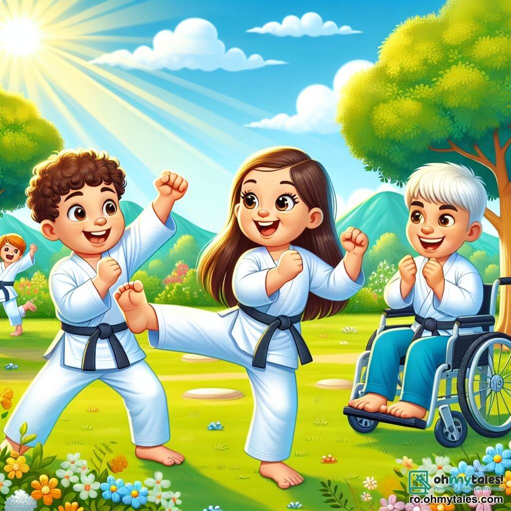 Într-un parc însorit, Alex, un băiat de 8 ani cu părul creț și ochi strălucitori, zâmbește fericit în timp ce face un mișcare de karate. Lângă el, Maria, o fetiță de 7 ani cu părul lung și brunet și un zâmbet larg, execută un picior în aer, plină de energie. Un pic mai departe, Vlad, un băiat de 9 ani în scaun cu rotile, aplaudă cu entuziasm, ochii săi strălucind de mândrie și bucurie. Parcul este verde, cu copaci frunziți, flori colorate și un cer albastru strălucitor. În fundal, se observă un grup de copii jucând frisbee, adăugând la atmosfera veselă și dinamică. Scena principală îi arată pe cei trei prieteni antrenându-se împreună, râzând și încurajându-se, ilustrând spiritul de echipă și camaraderia în sport.