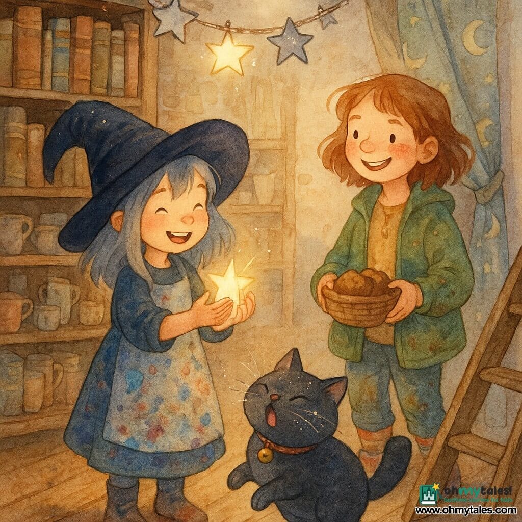 Mira, an 8-year-old apprentice witch, is focused and joyful, holding a small glowing star; her silver hair peeks from an oversized hat and her dress is stained with paint and star dust. Bea, a human friend of about 9, smiles holding a muffin basket near a ladder, wearing colorful socks and a dirt-stained green jacket. Pip, a round plump black cat with glitter-dusted whiskers, sneezes and jumps onto the bottom rung, bells on his collar jingling. The warm wooden workshop has creaky floors, leather-bound books, chipped mugs, and a large window with a moon-embroidered curtain. A garland of silver stars hangs above; one has fallen and glows in Mira’s hands. Mira is hanging the last star as the ladder tilts and the curtain begins to slip, muffin crumbs in the basket and threads of light sparkling around. Soft bright palette, pastel tones, wet-watercolor textures, golden light on the star and pearly glints on the cat’s glitter.