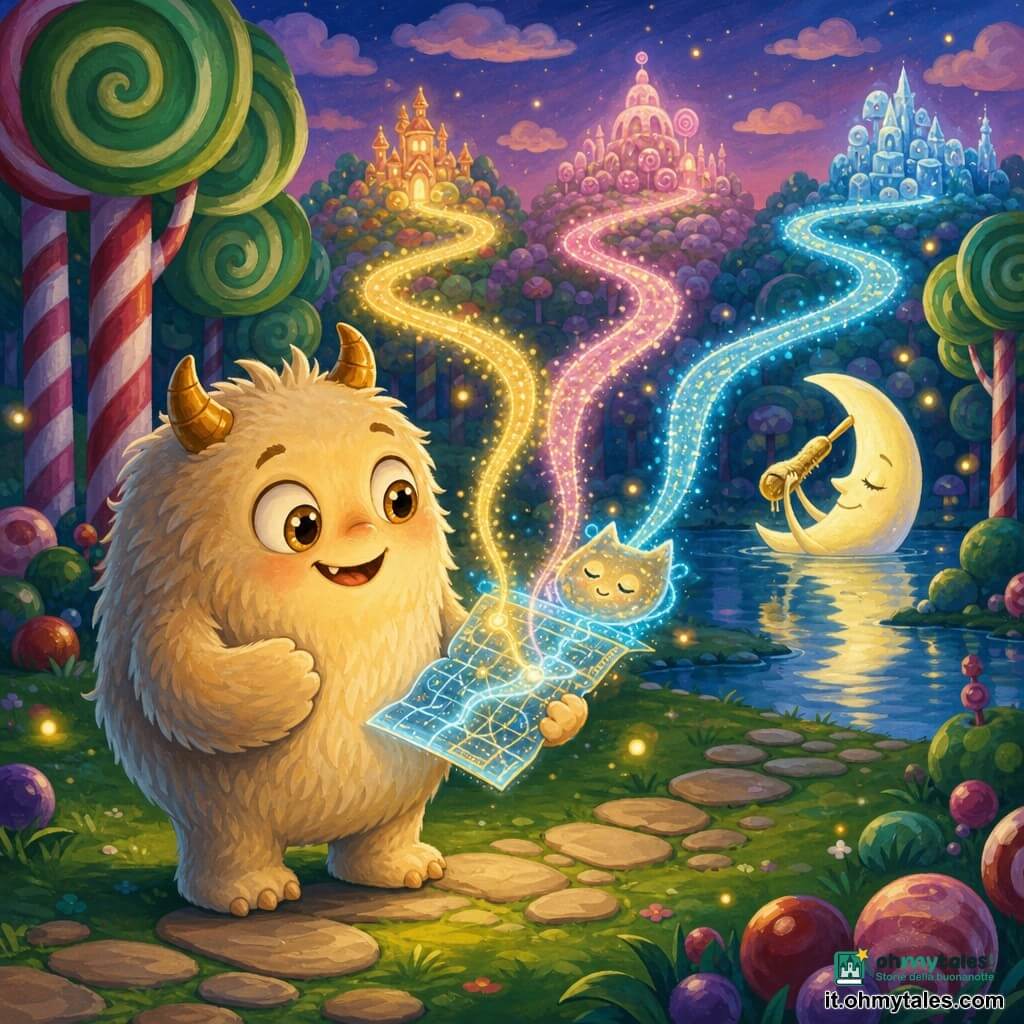 Momo è un tenero mostro sorridente e stupefatto, con pancia rotonda e soffice color crema, due piccole corna ambra, grandi occhi nocciola e zampette paffute; tiene tra le mani la Mappa di Luce, una carta vivente che ronza come un gatto fatta di filamenti blu e dorati che si apre fluttuando accanto a lui disegnando nell'aria tre sentieri scintillanti, mentre si trova in un bosco di zucchero — alberi con foglie a forma di caramella e tronchi a righe di zucchero d'orzo — con uno stagno specchio sotto una luna al tramonto e piccole lucciole gialle che danzano, pronto a seguire uno dei sentieri.