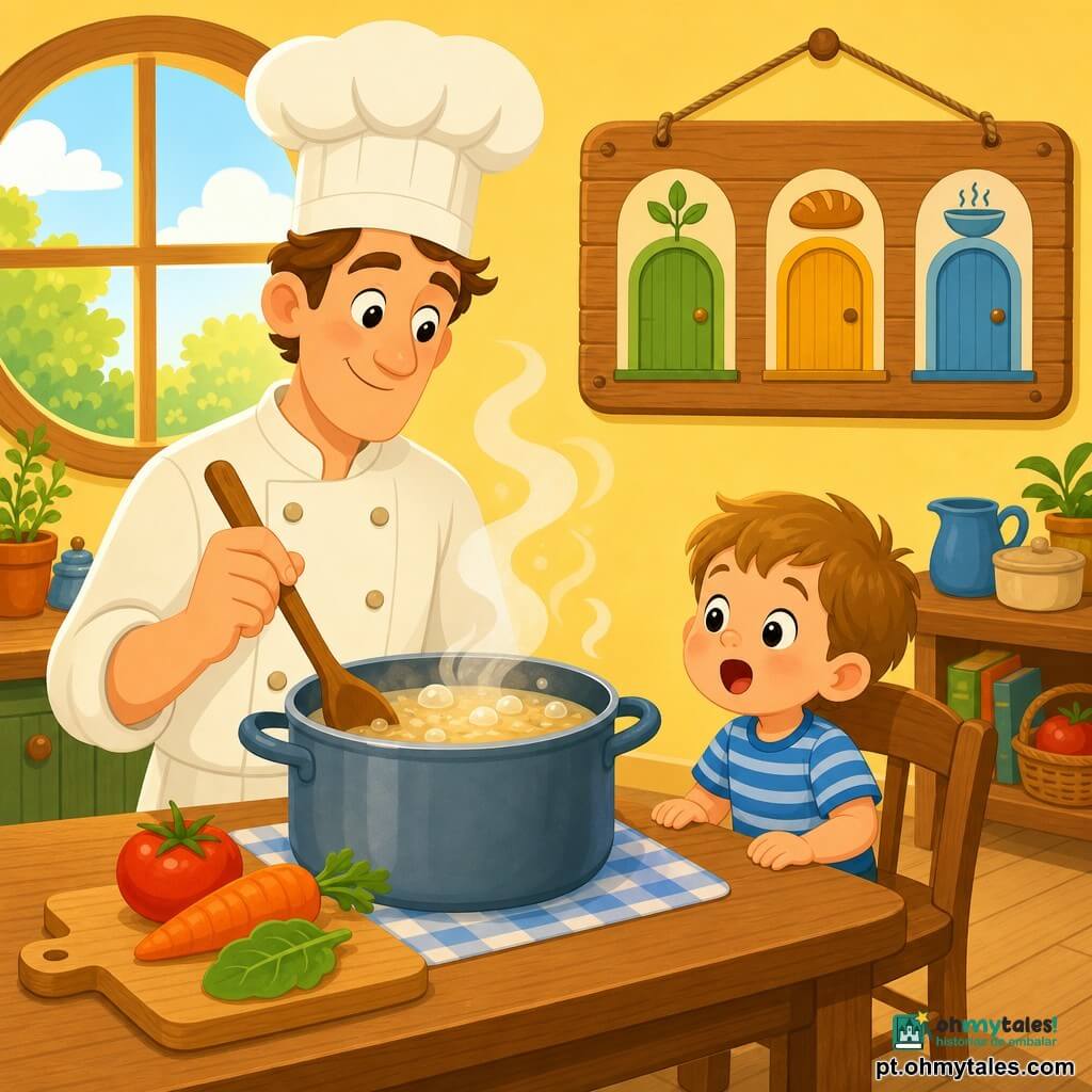 Um homem alto e afável veste chapéu de chef branco e jaqueta de cozinha creme, sorri suavemente e segura uma grande colher de pau sobre uma panela fumegante; uma criança pequena (3–4 anos) sentada numa cadeira de madeira observa a panela com olhos arregalados e boca aberta de admiração; uma tábua com legumes coloridos (tomate, cenoura, folha verde) está sobre a mesa; cozinha acolhedora com paredes amarelas, piso de tábuas claras e grande janela redonda com luz dourada; placa de madeira na parede mostra três portas desenhadas rotuladas Horta, Padaria, Sopa em tons pastéis; panela borbulha com pequenas bolhas brancas e vapor; estilo gráfico simples, formas arredondadas, cores vivas e contrastantes, traços nítidos, texturas planas, composição centrada no chef e na criança.