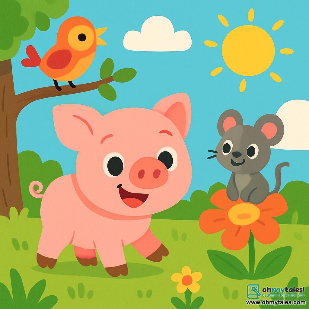 A small pink pig, with sparkling curious eyes, stands in the middle of a green field, its wide and joyful smile lighting up its face. It explores the soft grass, its little ears perked up at every sound. Nearby, a cute little gray mouse, with big bright eyes, looks at the pig with a friendly expression, sitting on a colorful flower. A bird with vibrant feathers sings on a tree branch, adding a touch of magic to the scene. The sky is blue and sunny, dotted with fluffy white clouds. The pig, full of enthusiasm, is about to run towards its friends to play, while the mouse encourages it with a small smile.