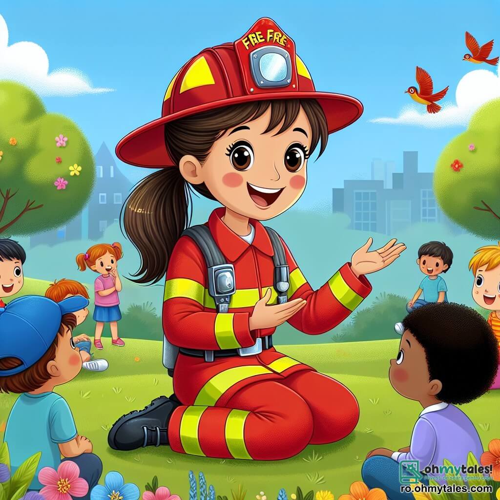O femeie pompier, Maria, zâmbitoare și plină de viață, poartă o uniformă de pompier roșie aprinsă cu un căști strălucitoare. Părul ei brun este prins într-o coadă de cal, iar ochii îi strălucesc de bucurie în timp ce le povestește copiilor o poveste captivantă. Ana, o fetiță de 7 ani cu părul creț și obraje rumeni, o ascultă cu atenție, cu ochii mari de curiozitate. Lângă ea, David, un băiat de 8 ani cu o șapcă albastră, stă pe iarbă, cu picioarele încrucișate, nerăbdător să pună întrebări. Decorul este un parc însorit, cu copaci verzi luxurianti, flori colorate și un cer albastru deschis. Copiii se joacă în jur, râzând și distrându-se, în timp ce păsările cântă în crengi. Situația principală o arată pe Maria împărtășind povești fascinante despre meseria ei de pompier, captivând atenția copiilor care visează să devină eroi ca ea.