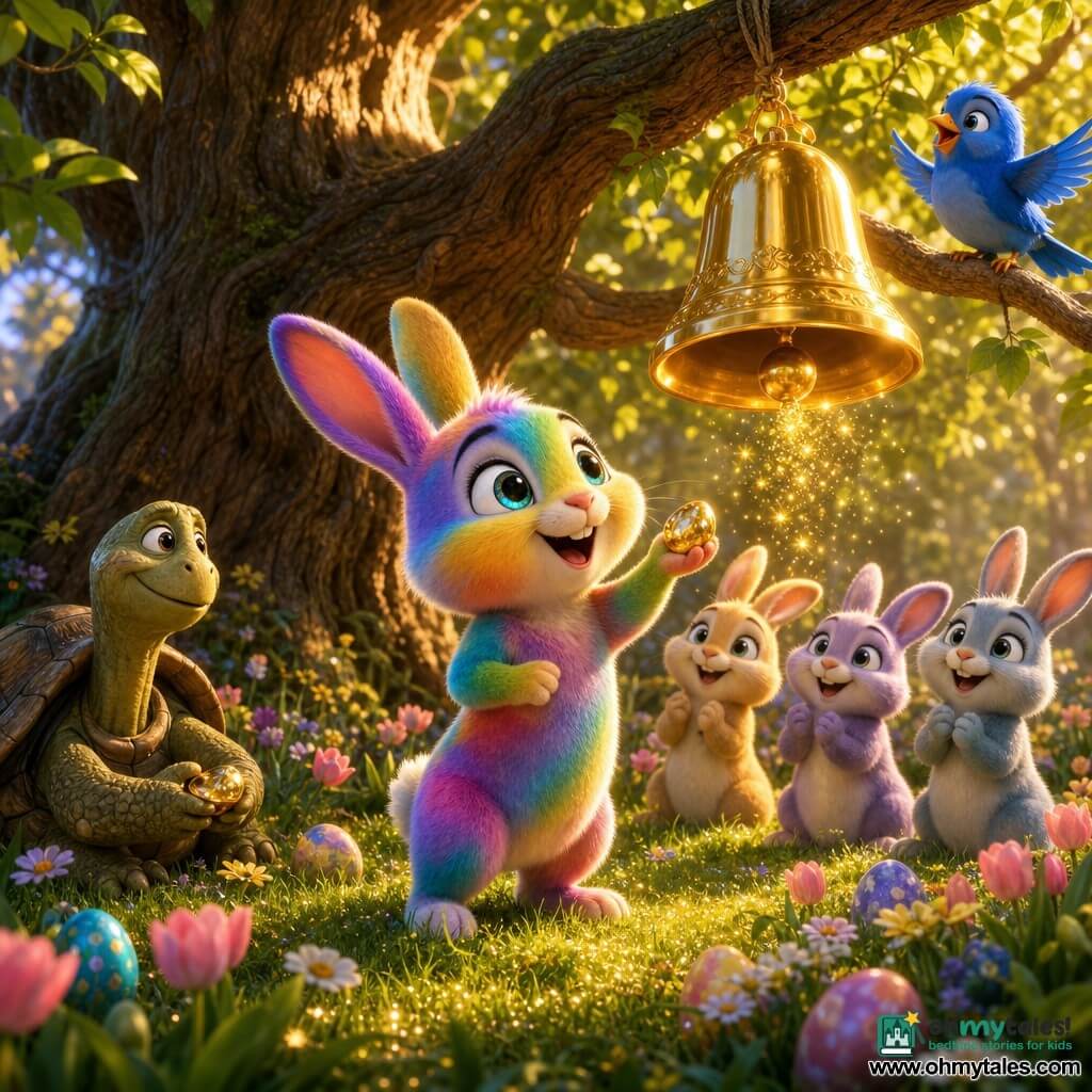 The main character is Benny, a small anthropomorphic rainbow-furred rabbit with star-bright eyes and a smiling, amazed face, standing on his hind legs admiring a polished golden Easter bell suspended from a low branch while holding a small shining pebble; three or four pastel-colored, cheerful rabbits form a semicircle behind him applauding softly, a bright blue bird perches on a nearby branch to the right singing and watching, and a wise turtle with a rough shell sits by a left-side bush holding a similar pebble. The setting is a hidden clearing in an enchanted forest with dewy, sparkling grass, a carpet of pastel wildflowers (tulips, daisies), golden sunlight filtering through green leaves, and a large gnarled tree at the center; the bell emits glittering light particles that fall like sparkles on the grass and colorful Easter eggs are partly hidden among the flowers. The scene centers on Benny discovering the magical bell, surrounded by joyful friends, evoking wonder, warmth, and Easter celebration with vivid colors, soft contrasts, golden light, and small sparkling effects.