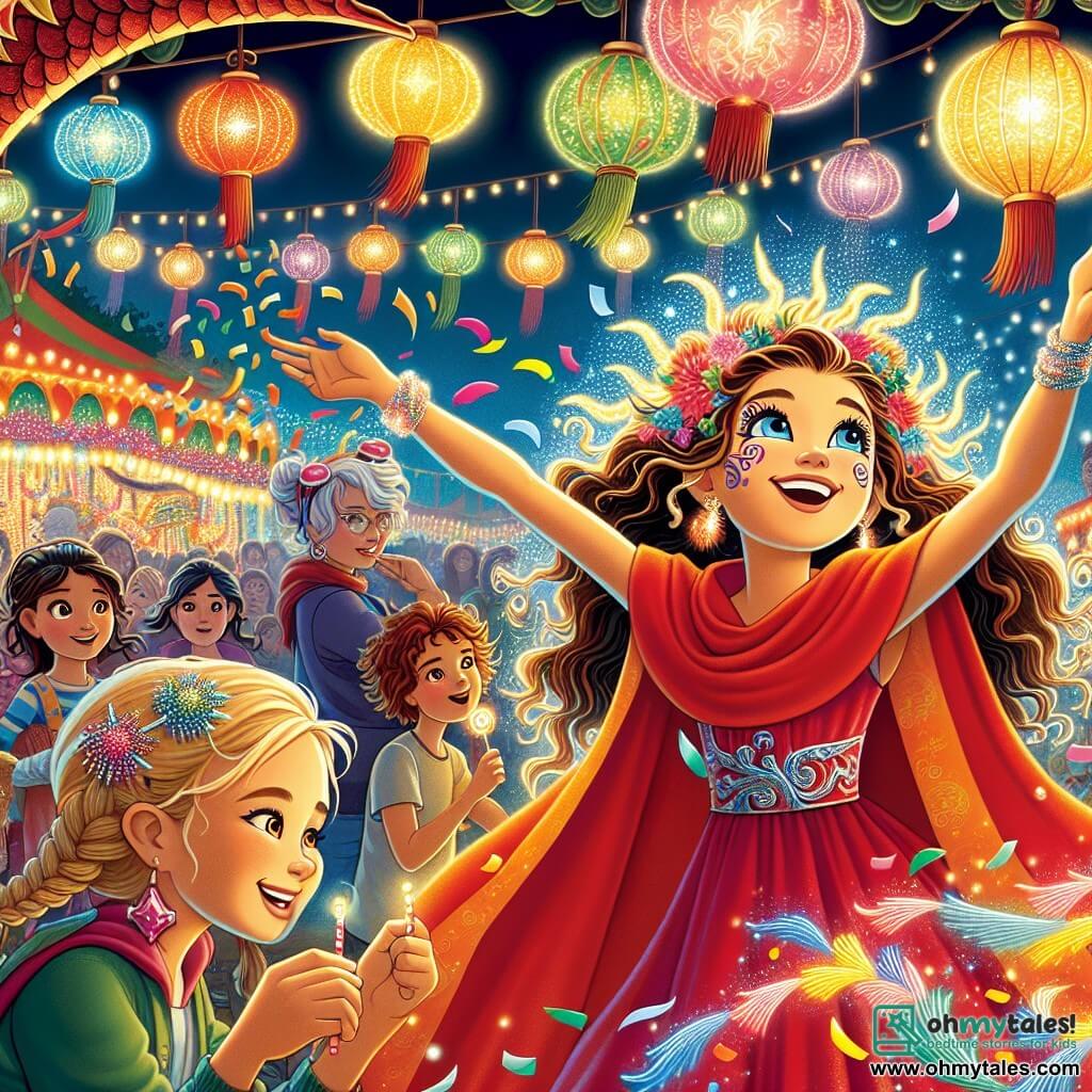 Lark Lumen, a smiling young woman with shiny hair like sun rays, wears a red cape that flows behind her. She has sparkling eyes and a bright smile as she stands on the edge of a dragon-shaped stage, ready to launch confetti. Next to her, DJ Snapdragon, a woman in her thirties with braided hair adorned with colorful clips, adjusts her sparkling earrings, displaying an expression of determination and excitement. In the background, a group of children, boys and girls aged about 8 to 10, watch in awe, some holding toys and others candy bags. The scene takes place at the Night Lantern Market, a vibrant and lively place illuminated by colorful lanterns swaying in the wind, with enticing food stalls and sparkling decorations. The main focus shows Lark, full of energy, ready to trigger a magical confetti show, while the crowd eagerly awaits, their eyes shining with excitement.