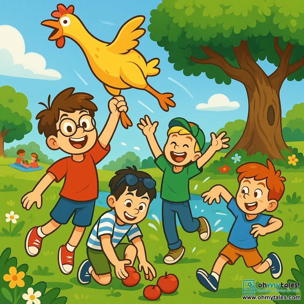 There are 4 children: - **Benny**: a 10-year-old boy with messy brown hair and round glasses. He wears a red t-shirt and blue shorts, standing with a huge rubber chicken above his head and a big smile on his face. - **Max**: an 11-year-old boy with blond hair and a backward cap. He wears a green t-shirt and jeans, next to Benny, laughing out loud with his arms raised as if celebrating. - **Leo**: a 10-year-old boy with black hair and sunglasses on his forehead. He wears a striped t-shirt and khaki shorts, crouched down picking up rolling apples with an amused expression. - **Sam**: a 10-year-old boy with red hair and freckles. He wears a light blue t-shirt and orange shorts, dancing with exaggerated gestures to imitate the chicken, wearing a mischievous smile. The main setting is a sunny park filled with greenery, featuring a large gnarled oak tree at the center, surrounded by colorful flowers and a nearby sparkling pond where ducks swim peacefully. In the background, children are playing and families are picnicking on blankets. The main scene shows the four friends having fun with the giant rubber chicken flying through the air. Benny, hanging onto the chicken, soars above the park while Max, Leo, and Sam run below, laughing and trying to catch him. Splashes of water and laughter fill the air, creating a joyful and playful atmosphere.