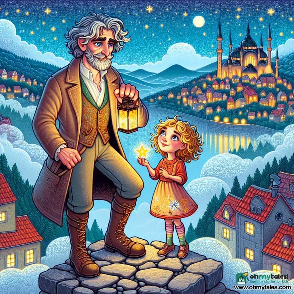 A man named Elias, tall and slender, with salt-and-pepper hair and deep blue eyes, stands on a rocky ledge, his face marked by serenity and determination. He holds a shining lantern, its golden light illuminating his gentle and confident smile. Beside him, a young girl of about 8, with curly golden hair, watches in wonder, her sparkling eyes full of curiosity, holding a small paper boat decorated with suns. The setting is a picturesque village with houses featuring red tiled roofs and smoking chimneys, surrounded by a thick silver mist that envelops the landscape like a soft cloak. In the background, a shimmering lake reflects the stars beginning to appear in the twilight sky, adding a touch of magic to the scene. The main situation shows Elias, ready to release a shooting star that has delicately landed on the edge of his ledge, while the young girl encourages him with a radiant smile, creating an atmosphere of hope and courage.