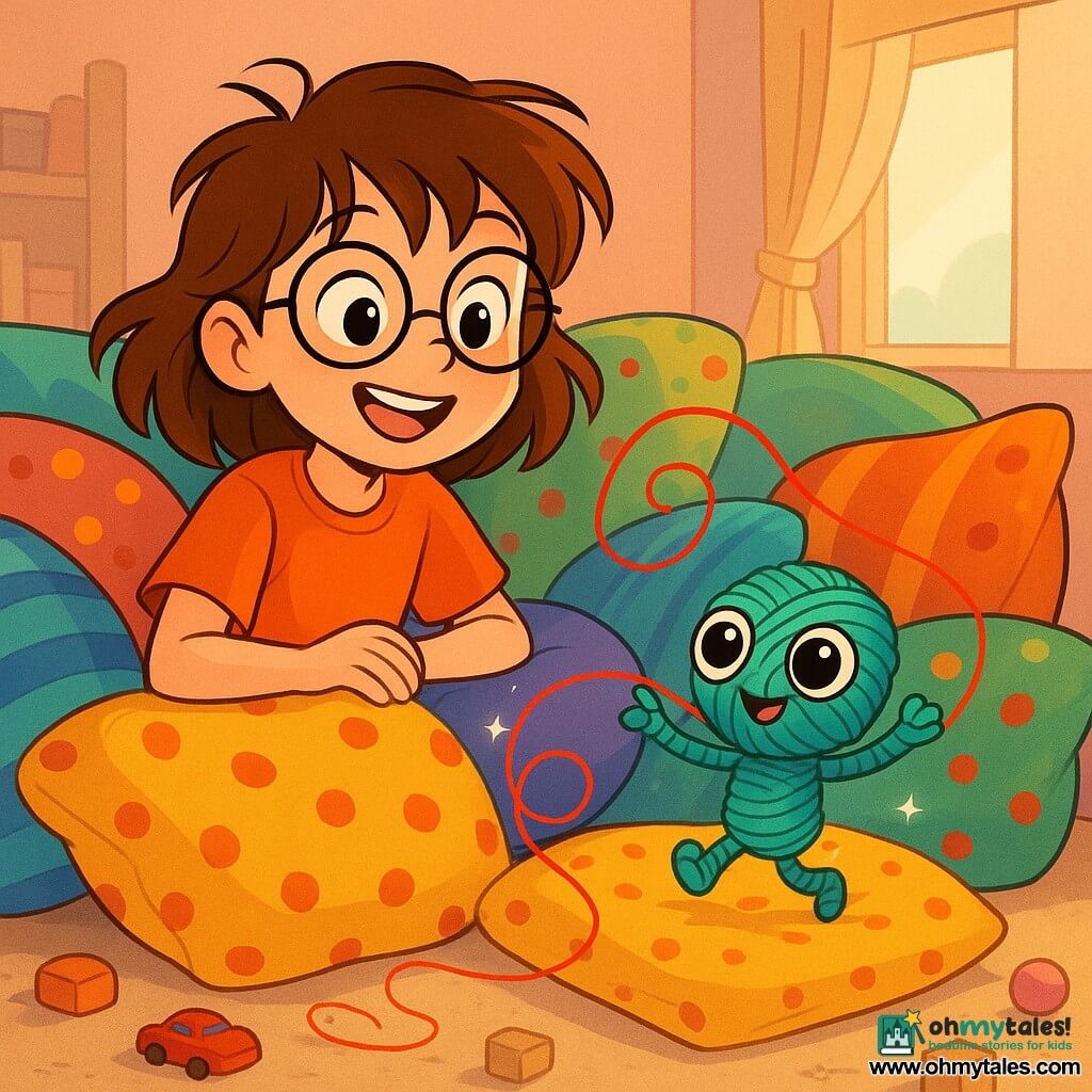 A 10-year-old girl named Mabel, with messy brown hair and round glasses, smiles with sparkling curious eyes. She is sitting in a fort made of colorful cushions, surrounded by cushions with various patterns like stripes and polka dots. Next to her, a small character named Bobbin, made of thread and buttons, with shiny eyes and a playful smile, joyfully dances on a fluffy cushion. The fort is set up in a cozy living room with pastel-colored walls, soft light filtering through a window, and toys scattered on the floor. The main scene shows Mabel and Bobbin following a shimmering red thread that wraps around them, ready to take them on a whimsical and absurd adventure through a tunnel of cushions.