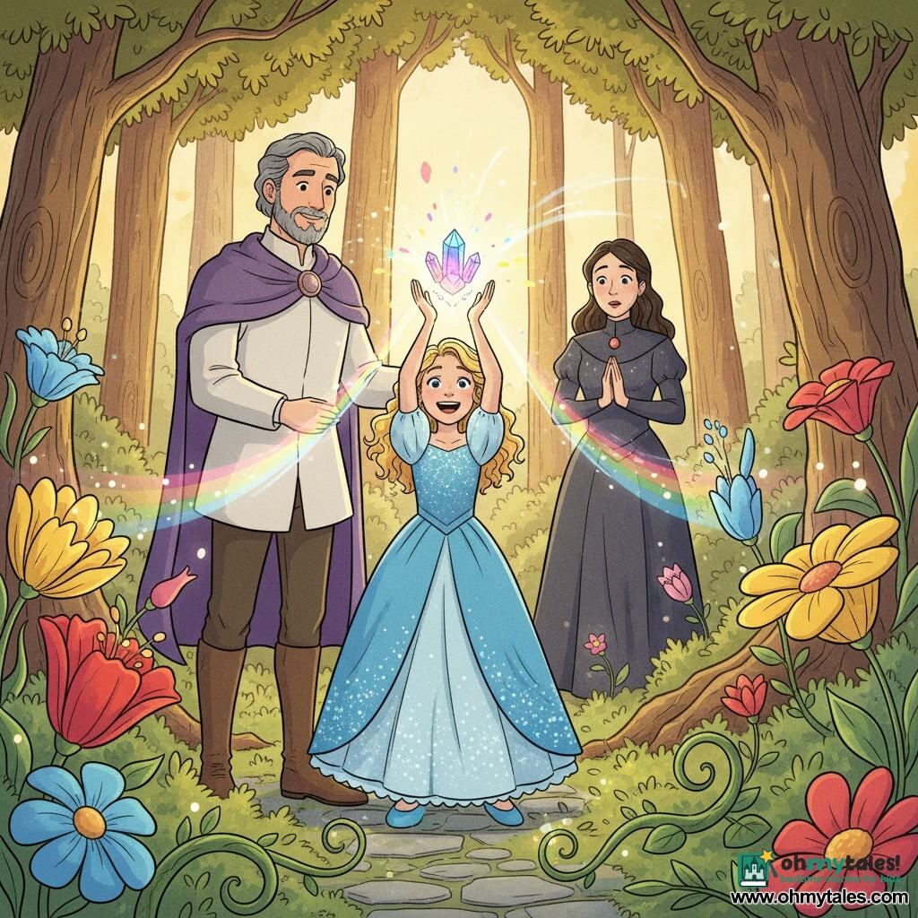 Princess Lila stands at the center, radiant and joyful with curly blonde hair and a blue sparkling dress, holding the Crystal of Colors high as it emits soft multicolored light; King Arlo to her left, about 45, proud and reassuring with a short gray beard and a purple cape, hand on her shoulder; Witch Malvina in the background, about 35, surprised but softened, dark dress faintly glowing and hands clasped; around them broad shiny-petaled flowers in vivid reds, yellows, pinks and blues and curled vines on the ground, in an enchanted glade of tall textured-trunk trees with golden sunbeams and a mossy stone path to the foreground — the princess raises the crystal sending waves of color, the characters react emotionally, the scene luminous, warm and gentle.