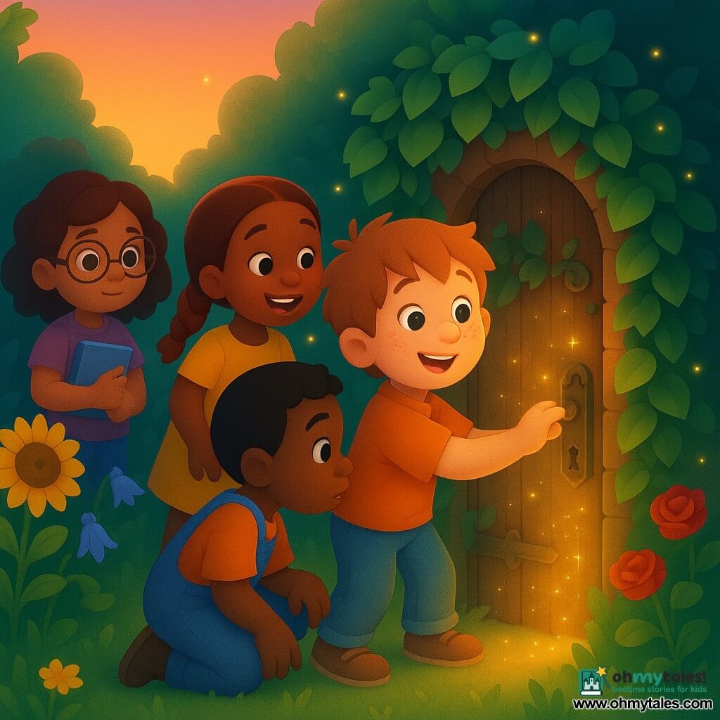 A 6-year-old boy with a round freckled face and tousled light brown hair, wide bright eyes and a smiling, amazed expression stands three-quarters before a small carved wooden door hidden in ivy, reaching for the handle; Ruby, about 6, with red hair in a braid and a yellow dress, smiles over his right shoulder; Ben, about 7, with short black hair, denim overalls and dirt-streaked hands, crouches left examining the lock; Mia, about 6, with wavy brown hair and small round glasses, holds a blue notebook slightly behind to the left, ready to enter; the setting is a lush garden at sunset with green grass, colorful flowerbeds and glowing fireflies; the old wooden door parts as the children speak a magic word and golden light and stardust spill out; overall warm, childlike illustration with soft contours, bright-but-gentle colors and smooth gradients.