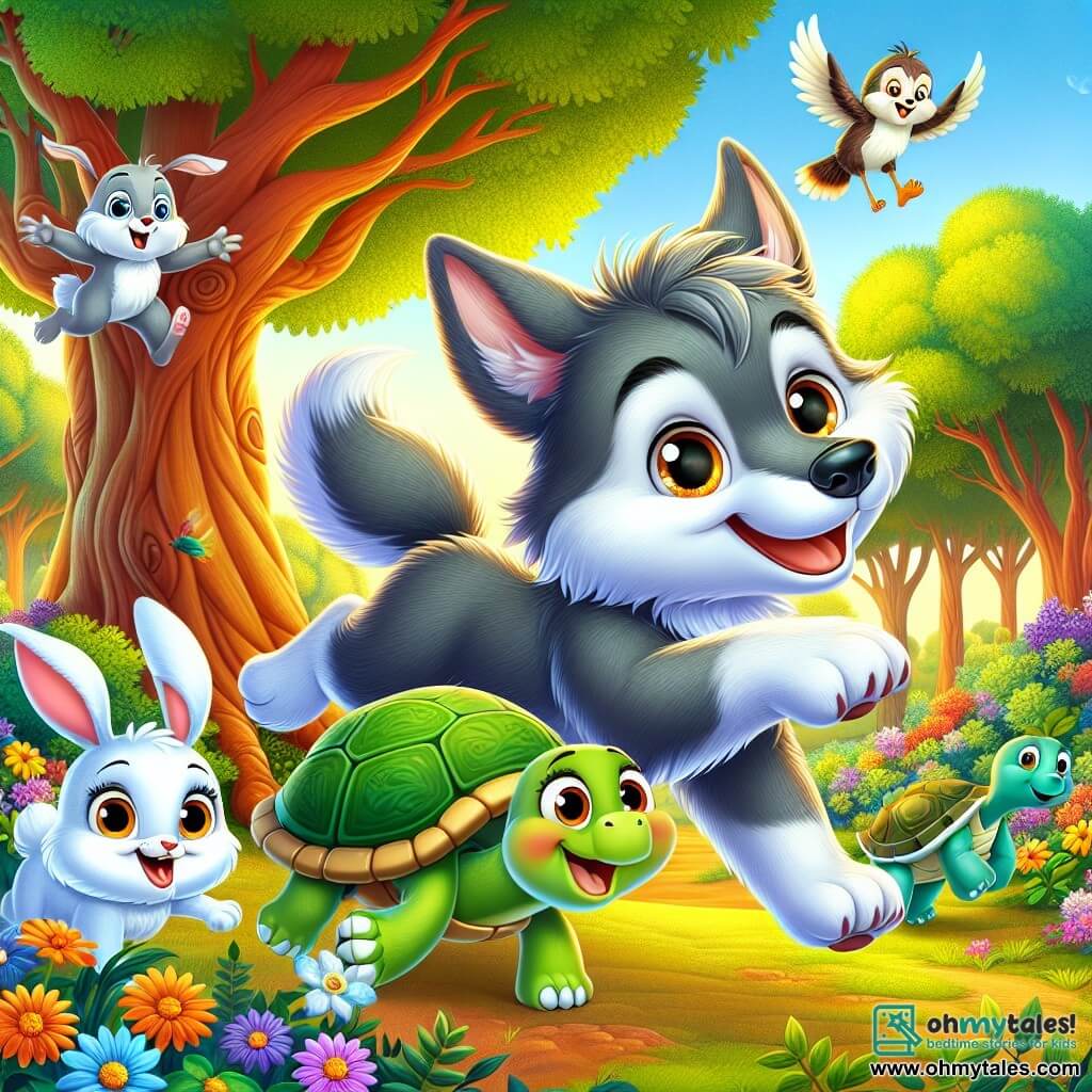 A gentle and friendly wolf named Wally, with gray fur and bright eyes, joyfully smiles while jumping around a large tree, his front paws raised in the air, expressing his enthusiasm. Next to him, Benny the rabbit, with white fur and big ears, hops energetically, his eyes sparkling with happiness, while Tara the turtle, with her green shell and smiling face, moves slowly but determinedly, looking at the ground for lost flowers. Above them, Gina the bird, with colorful feathers and a curious look, flies in the blue sky, ready to help them. The scene takes place in an enchanted forest filled with majestic trees with vibrant leaves and bright flowers, bathed in the golden light of the setting sun. Wally and his friends discover a carpet of colorful flowers hidden under the large tree, celebrating their friendship and adventure.