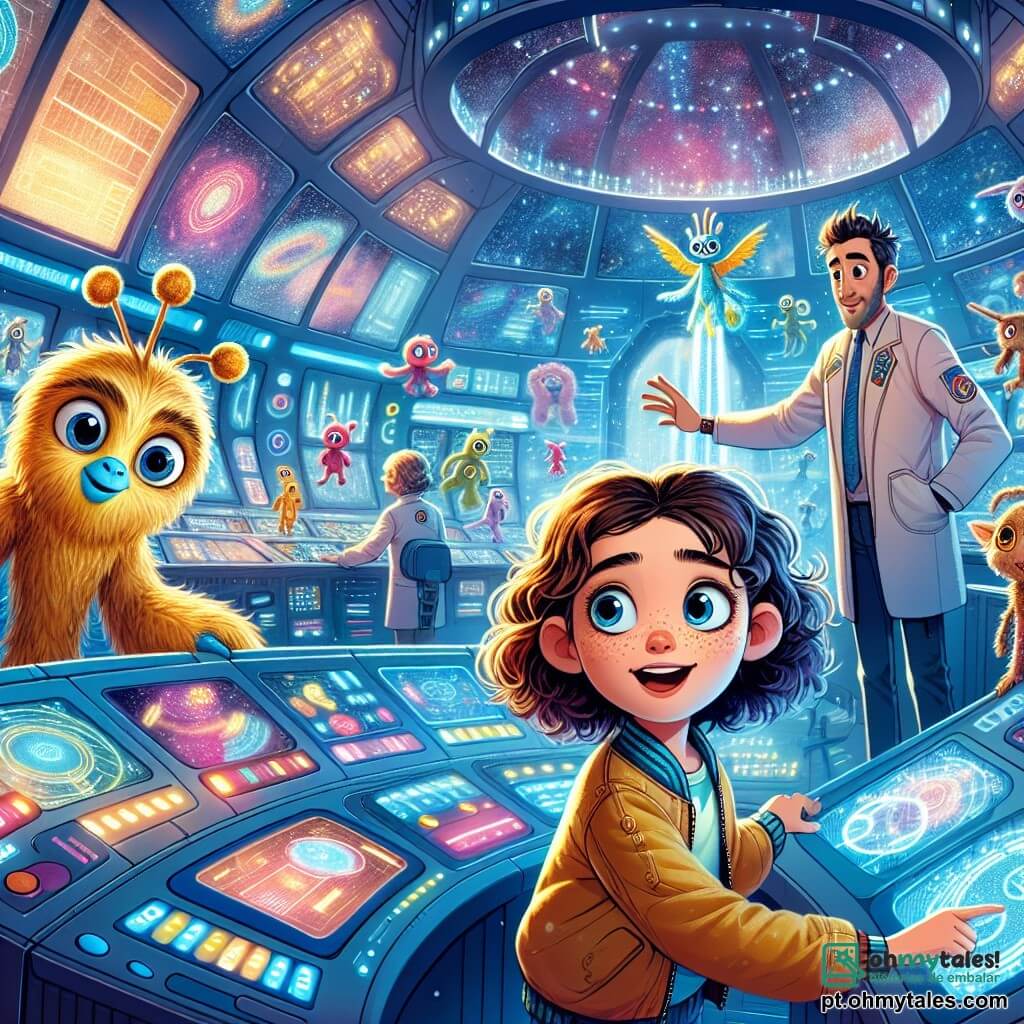 Uma menina de 10 anos, Sofia, com cabelos cacheados castanhos e olhos brilhantes de curiosidade, está no centro da cena, maravilhada e sorridente, diante de um grande painel de controle iluminado em uma estação espacial futurista. Ao seu lado, o Comandante Zirk, um extraterrestre de pele azul brilhante e grandes olhos gentis, ajusta botões brilhantes com uma expressão concentrada. Outro personagem, o Doutor Klat, um ser com antenas douradas e pelagem suave, observa as telas com um olhar atento, mantendo-se um pouco afastado. A estação espacial está cheia de luzes coloridas, painéis holográficos flutuantes e janelas que oferecem uma vista espetacular do espaço estrelado. Criaturas de diferentes formas e cores se movem ao redor deles, criando uma atmosfera dinâmica e mágica. A cena principal mostra Sofia, animada e determinada, participando de uma missão de pesquisa, ajudando a resolver um problema de comunicação intergaláctica, cercada por seus novos amigos extraterrestres.