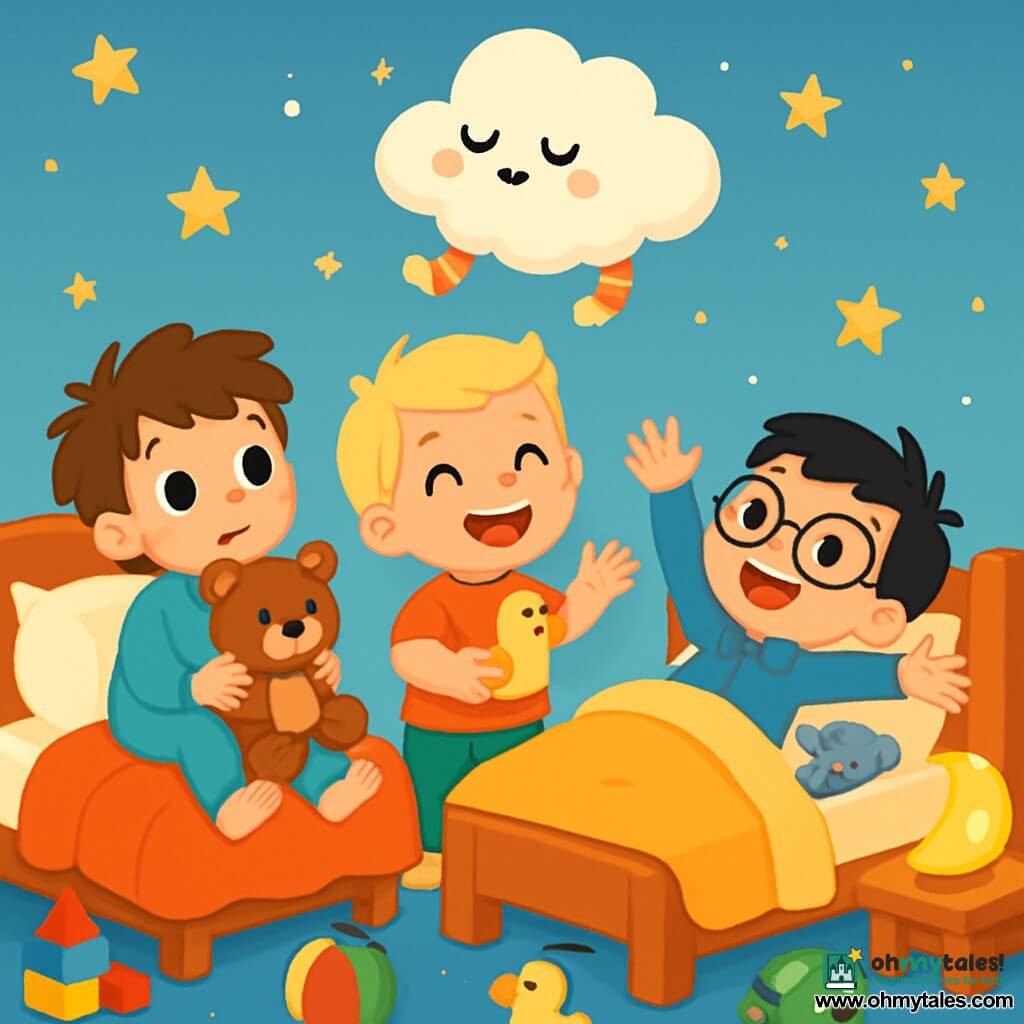 There are 3 characters: Tim, a nearly 3-year-old boy with messy brown hair and big curious eyes, sitting on his bed holding a soft teddy bear; Tom, a nearly 3-year-old boy with blonde hair and a bright smile, standing next to Tim holding a small duck-shaped slipper; and Ted, a nearly 3-year-old boy with black hair and round glasses, lying on his bed with arms open, ready to welcome a dream. The setting is a cozy children's room with sky-blue walls and shining golden stars. Colorful toys are scattered on the floor, and a soft golden light shines from a moon-shaped nightlight. The beds are covered with soft blankets, and stuffed animals are arranged on the pillows. The main scene shows the three boys trying to catch a small cloud-shaped dream floating joyfully above them, which is soft and fluffy with little colorful socks. The boys are laughing and reaching out towards the dream, creating a joyful and magical atmosphere.