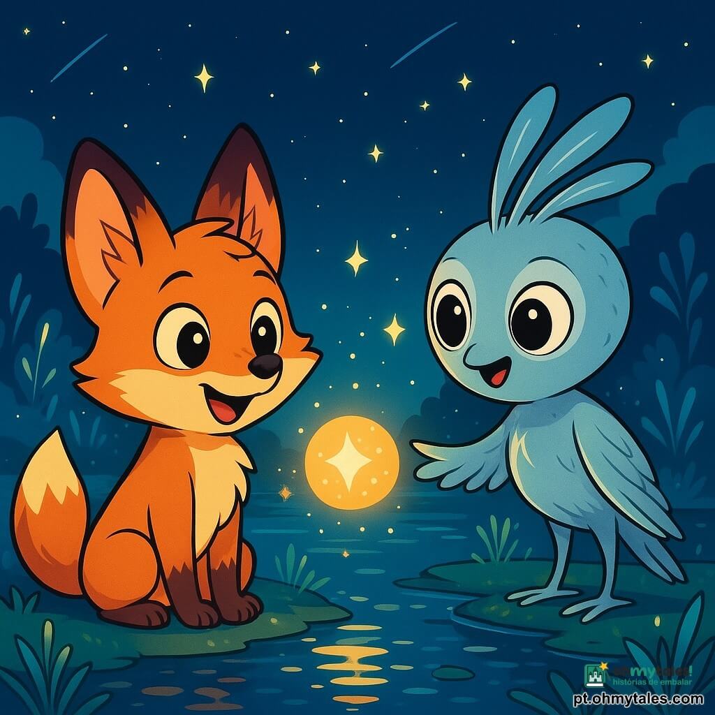 No centro da imagem, Lúcio, uma pequena raposa de pelagem cobre, está na margem de um pântano cintilante, com os olhos brilhando de admiração e curiosidade. Ele observa com um sorriso alegre uma esfera luminosa que flutua diante dele, emitindo raios de luz suave. À sua direita, Nibi, uma criatura extraterrestre com penas prateadas e olhos redondos como luas, se inclina para frente, fascinada pela magia das estrelas. Sua expressão é cheia de entusiasmo, e ela estende uma pena delicada em direção à esfera. Ao fundo, o pântano é banhado por uma luz suave, com plantas luminescentes refletindo na água, criando uma atmosfera mágica. Estrelas cintilantes no céu noturno acrescentam um toque de mistério. A cena captura o momento em que Lúcio e Nibi aprendem a contar os meteoros, cercados por uma atmosfera de amizade e descoberta, com cores vibrantes e detalhes encantadores.