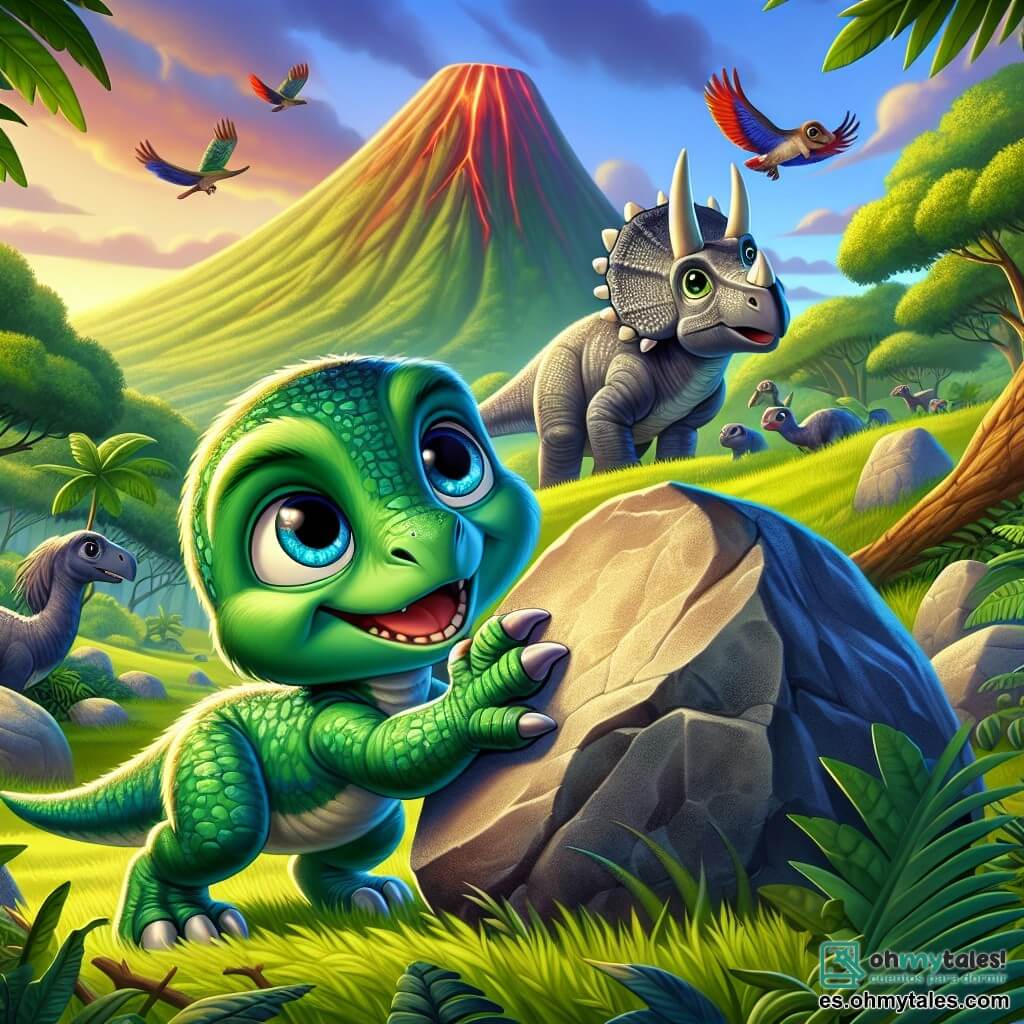 Un pequeño velociraptor llamado Tito, con escamas verdes brillantes y ojos llenos de curiosidad, empuja con todas sus fuerzas una gran piedra para liberar a su amigo. Tito tiene una expresión decidida en su rostro, sus pequeñas garras se aferran a la piedra y su cola está erguida. A su lado está Dino, un gran triceratops con un caparazón gris y tres cuernos en la frente, que mira a Tito con gratitud. Dino está ligeramente encorvado, como si estuviera aliviado de estar finalmente libre, y se mantiene justo detrás de Tito, listo para animarlo. La escena tiene lugar en un hermoso valle verde, rodeado de grandes árboles con hojas exuberantes y un majestuoso volcán al fondo, cuyo pico brilla bajo el sol poniente. Aves coloridas vuelan en el cielo azul, añadiendo vida a este paisaje prehistórico. La situación principal muestra a Tito, el velociraptor, empujando una piedra para salvar a su amigo Dino, el triceratops, que está atrapado. La atmósfera está llena de tensión, pero también de amistad, mientras Tito demuestra su valentía y determinación para ayudar a su amigo.