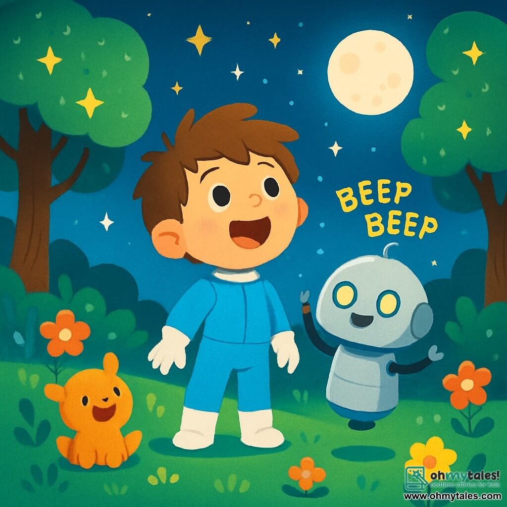 A young boy named Ben, with messy brown hair and a big amazed smile, stands next to his spaceship, Rocket. He wears a shiny blue spacesuit and excitedly looks at the starry sky. Beside him, a friendly robot, Rocket, is silver with bright eyes and a small smile, making joyful "beep beep" sounds while floating slightly above the ground. The setting is a lush green planet dotted with colorful flowers and tall trees with shimmering leaves. The deep blue sky is filled with bright stars and a large round moon. The main scene shows Ben and Rocket discovering a new world, awed by the beauty of the stars and landscapes, surrounded by small friendly creatures greeting them with joyful smiles, adding to the magical atmosphere of their space adventure.