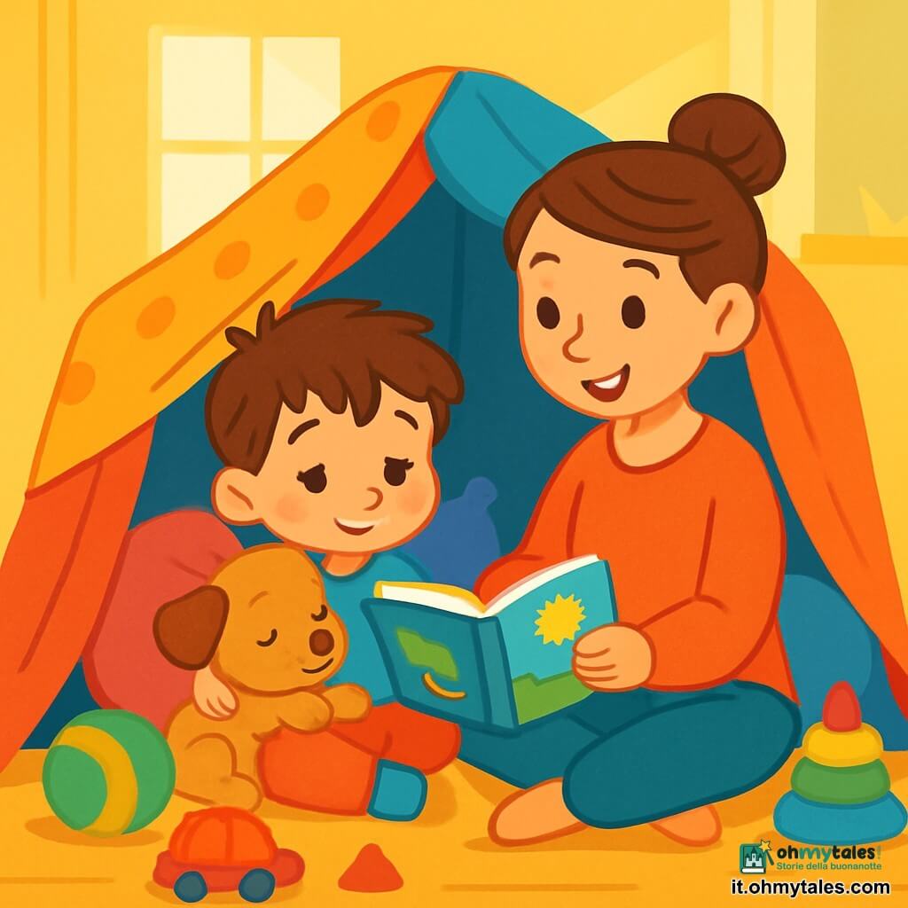 Un bambino di 4 anni, di nome Marco, con capelli castani arruffati e occhi pieni di curiosità, è seduto in un grande castello di coperte colorate. Ha un dolce sorriso ma un'espressione un po' stanca, e tiene un libro illustrato tra le mani. Accanto a lui, la mamma, una donna sulla trentina con capelli castani raccolti, è seduta a gambe incrociate, sorridente e affettuosa, mentre gli legge una storia. Indossa un maglione morbido e comodo, circondata da cuscini soffici. L'ambiente è un soggiorno accogliente, con pareti giallo pastello e raggi di sole che filtrano da una finestra, illuminando il pavimento in legno. Giocattoli colorati sono sparsi intorno a loro, aggiungendo un tocco di allegria all'atmosfera. In questa scena, Marco e la sua mamma condividono un momento di tenerezza, mentre Pippo, il cagnolino, è accoccolato accanto a Marco, portando calore e conforto.