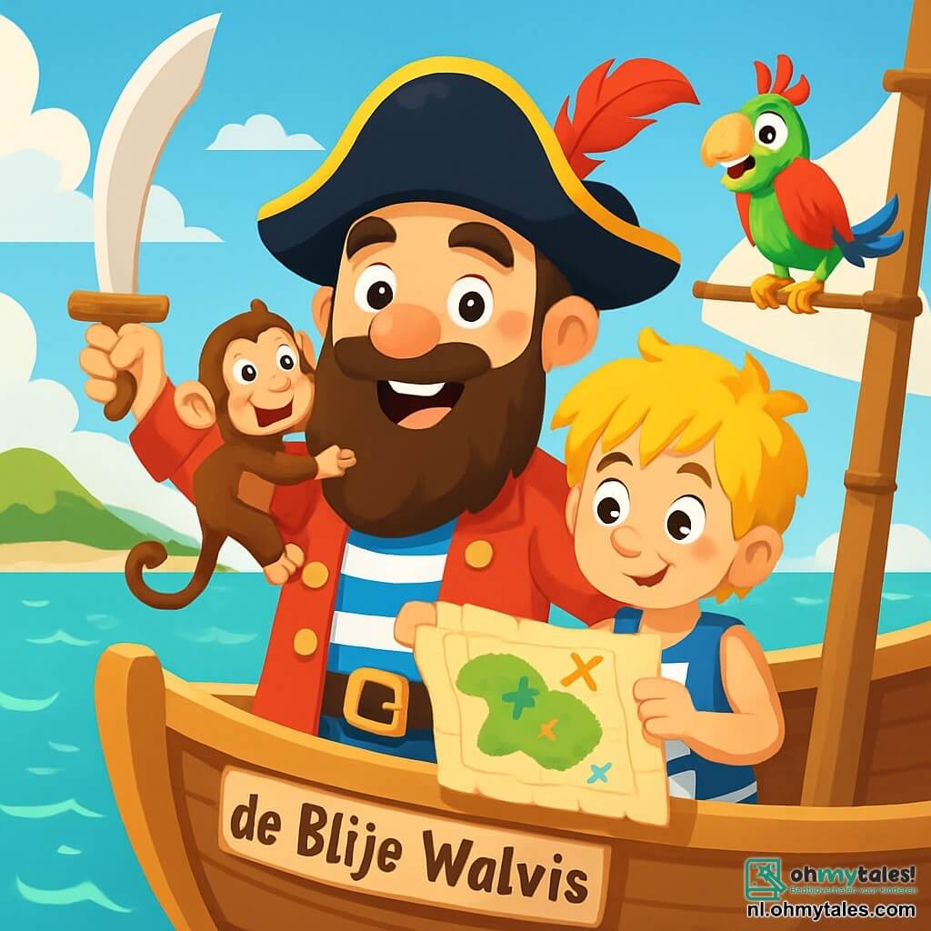 Kapitein Joris staat op het dek van zijn grote schip, de Blije Walvis. Hij heeft een lange bruine baard en draagt een zwarte piratenhoed met een rode veer. Zijn gezicht straalt van blijdschap en zijn ogen glinsteren van opwinding. Hij zwaait met een houten zwaard, klaar voor avontuur. Naast hem staat matroos Sam, een jongen van ongeveer 10 jaar met rommelig blond haar en een gestreept vest. Hij kijkt nieuwsgierig naar de schatkaart. Lila, een ondeugende aap, hangt aan Joris' schouder en trekt aan zijn baard met een ondeugend glimlachje. Tot slot zit Piet, de kleurrijke papegaai, op de mast en roept vrolijk. Het schip vaart over een sprankelend turquoise zee met zachte golven en groene eilanden aan de horizon. De lucht is helderblauw met pluizige witte wolken. De hoofdscène toont kapitein Joris en zijn bemanning die een mysterieuze schatkaart ontdekken, omringd door de opwinding van een groot avontuur dat komen gaat.