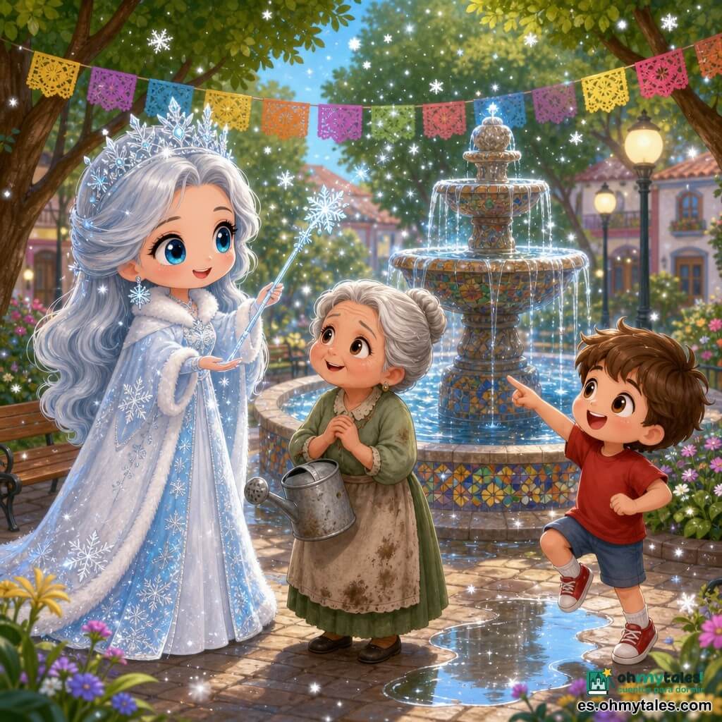 La Reina de las Nieves (del cuento de Hans Christian Andersen), mujer de rostro dulce pero decidido, ojos azul hielo brillantes, cabello largo plateado que centellea como escarcha, con abrigo blanco con reflejos azules bordado de copos, sostiene una varita de azúcar glace y sonríe mientras deja caer una fina lluvia de nieve luminosa que devuelve el agua al parque; la señora María, mujer de unos 60 años con pelo gris recogido en moño y blusa verde manchada de tierra, sostiene un pequeño regador vacío y mira a la Reina con esperanza junto a un parterre de tomates marchitos a la izquierda de la fuente; un niño de unos 8 años, pelo castaño corto y camiseta roja, salta riendo y señala una pequeña charca de agua en el centro del parque; parque vecinal con fuente central de piedra y mosaico, bancos de madera, árboles con hojas verdes y guirnaldas de papel, casas y farolas difusas; escena luminosa en colores pastel, alegre y reconfortante donde las plantas reviven y la fuente vuelve a fluir.