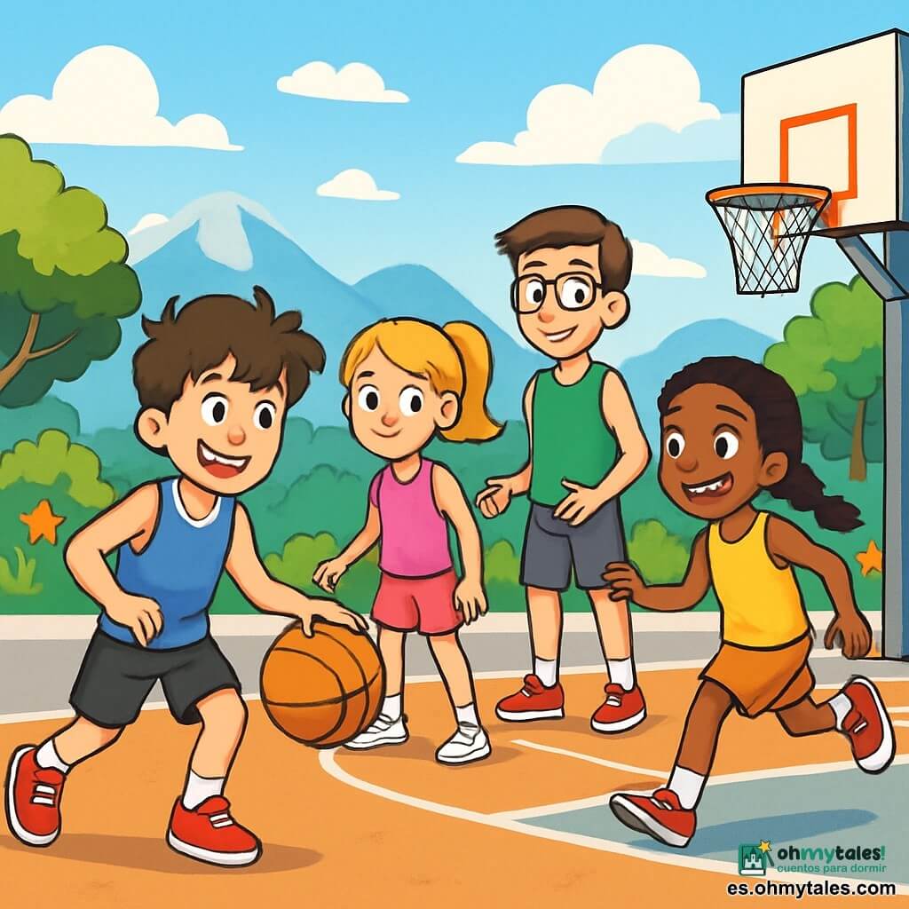 Hay 4 niños: - Alex: Un chico de 12 años, con cabello castaño desordenado y una sonrisa brillante. Lleva una camiseta de baloncesto azul y pantalones cortos negros. Dribla el balón con entusiasmo, inclinado hacia adelante. - Marta: Una chica de 11 años, con cabello largo y rubio atado en una coleta. Lleva una camiseta rosa y zapatillas blancas. Está al lado de Alex, lista para recibir el balón, con una mirada decidida. - Lucas: Un chico de 12 años, alto y atlético, con cabello castaño y gafas. Lleva una camiseta verde y pantalones cortos grises. Está en la parte de atrás, observando el juego con una sonrisa, listo para hacer un pase. - Sofía: Una chica de 11 años, pequeña y rápida, con cabello negro y trenzas. Lleva una camiseta amarilla y zapatillas rojas. Está en movimiento, corriendo hacia la canasta, llena de energía y entusiasmo. La escena tiene lugar en una hermosa cancha de baloncesto al aire libre, rodeada de árboles verdes y flores coloridas. El suelo es de concreto liso, con líneas blancas bien marcadas. Al fondo, se pueden ver montañas majestuosas bajo un cielo azul claro, con algunas nubes blancas flotando. La situación principal muestra a los niños jugando al baloncesto, con Alex driblando el balón, Marta lista para recibir un pase, Lucas observando el juego y Sofía corriendo hacia la canasta. La atmósfera es alegre y dinámica, llena de risas y energía.