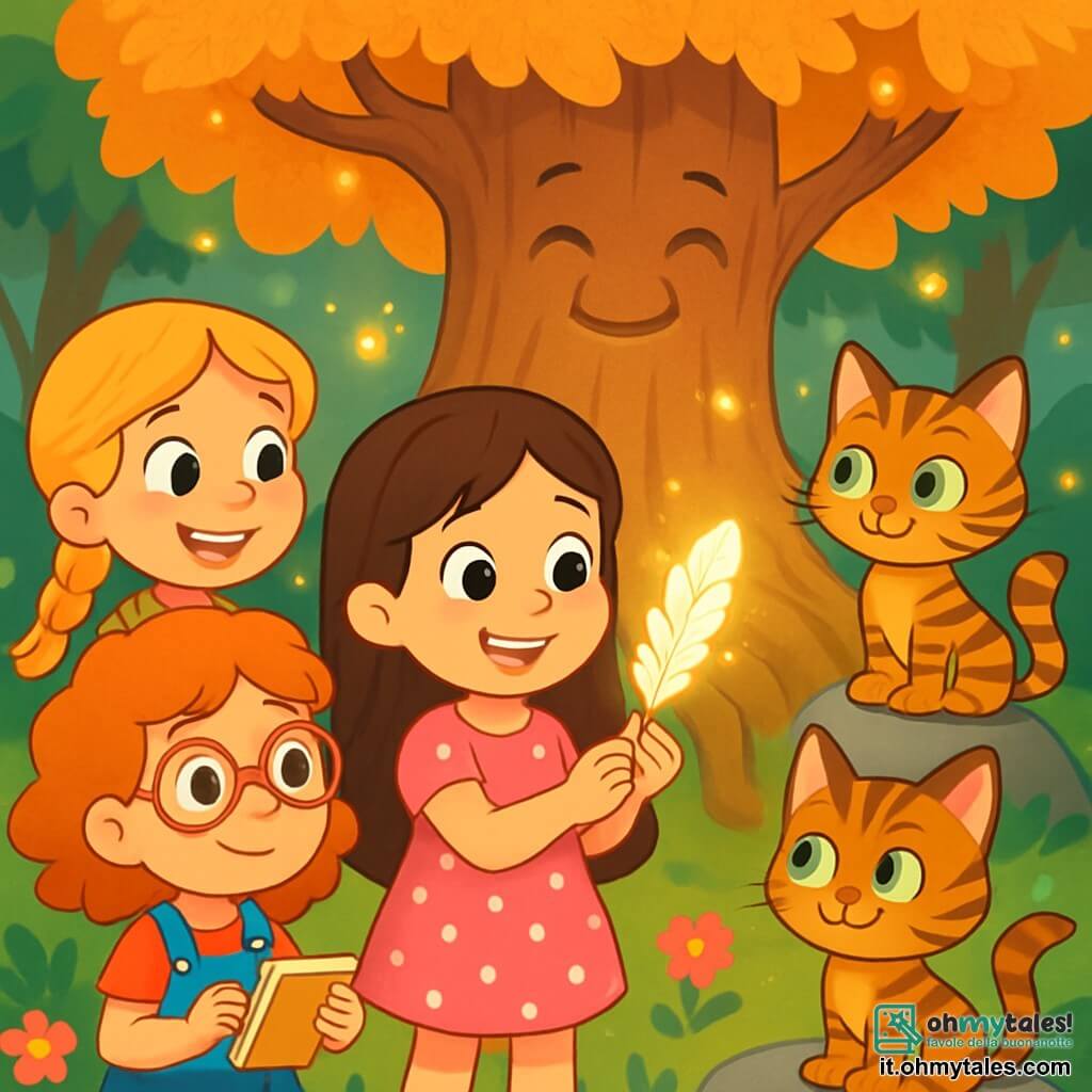 Ci sono 4 personaggi: Sofia, una bambina di 5 anni con lunghi capelli castani e occhi scintillanti, indossa un vestito rosa a pois bianchi e tiene una piuma brillante in mano; Giulia, una bambina di 5 anni con capelli biondi intrecciati e un sorriso radioso, è vestita con una maglietta gialla e pantaloni corti di jeans, guarda intorno con curiosità; Marta, una bambina di 5 anni con capelli ricci rossi e occhiali tondi, indossa una salopette blu e tiene un piccolo quaderno per prendere appunti; Biscotto, un gattino magico con pelo tigrato e occhi verdi brillanti, è seduto su una pietra, pronto a guidarli. I bambini si trovano vicino a un grande albero dalle foglie dorate, al centro della Foresta Incantata, con un volto sorridente e radici contorte attorno a loro. Fiori colorati e lucciole danzano nell'aria, creando un'atmosfera incantata. I bambini discutono con eccitazione, osservando la piuma brillante che Sofia tiene in mano, mentre Biscotto li guarda con aria maliziosa, pronti a partire per un'avventura alla ricerca di altre piume magiche per salvare la foresta.