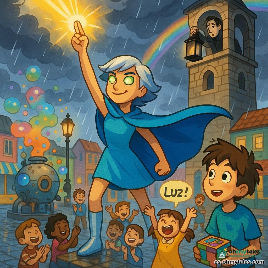 Una heroína, Luminara, en primer plano con rostro decidido y dulce, ojos verdes brillantes, capa azul eléctrico ondeando, pelo corto plateado y en actitud de acción con una mano alzada hacia el cielo que libera un rayo de luz cálida y dorada; Otto, un niño inventor de unos 10 años, cubierto de polvo azul y con el pelo despeinado, sostiene una pequeña caja colorida y mira asombrado desde la plaza; el Doctor Sombrío, hombre adulto, serio, con abrigo oscuro y una gran linterna negra que absorbe la luz, encaramado cerca de la cima de un viejo campanario, sorprendido y suavizado; una niña de unas 7 años con coletas en medio de la multitud, brazos alzados, grita LUZ!, rodeada de otros niños aplaudiendo; la escena transcurre en una gran plaza empedrada y mojada por la lluvia, con tiendas coloridas, faroles antiguos y un viejo campanario de piedra que domina la composición; a la izquierda, una gran máquina redonda casera junto a la fuente central emite humo coloreado y burbujas arcoíris; atmósfera contrastada con nubes grises que se deshilachan, rayos dorados que atraviesan la lluvia, colores vivos (azul, plata, amarillo, rosa) y un arcoíris naciente sobre el campanario; estilo dibujo animado 2D, líneas limpias, colores saturados, expresiones legibles y composición dinámica centrada en Luminara y el campanario.