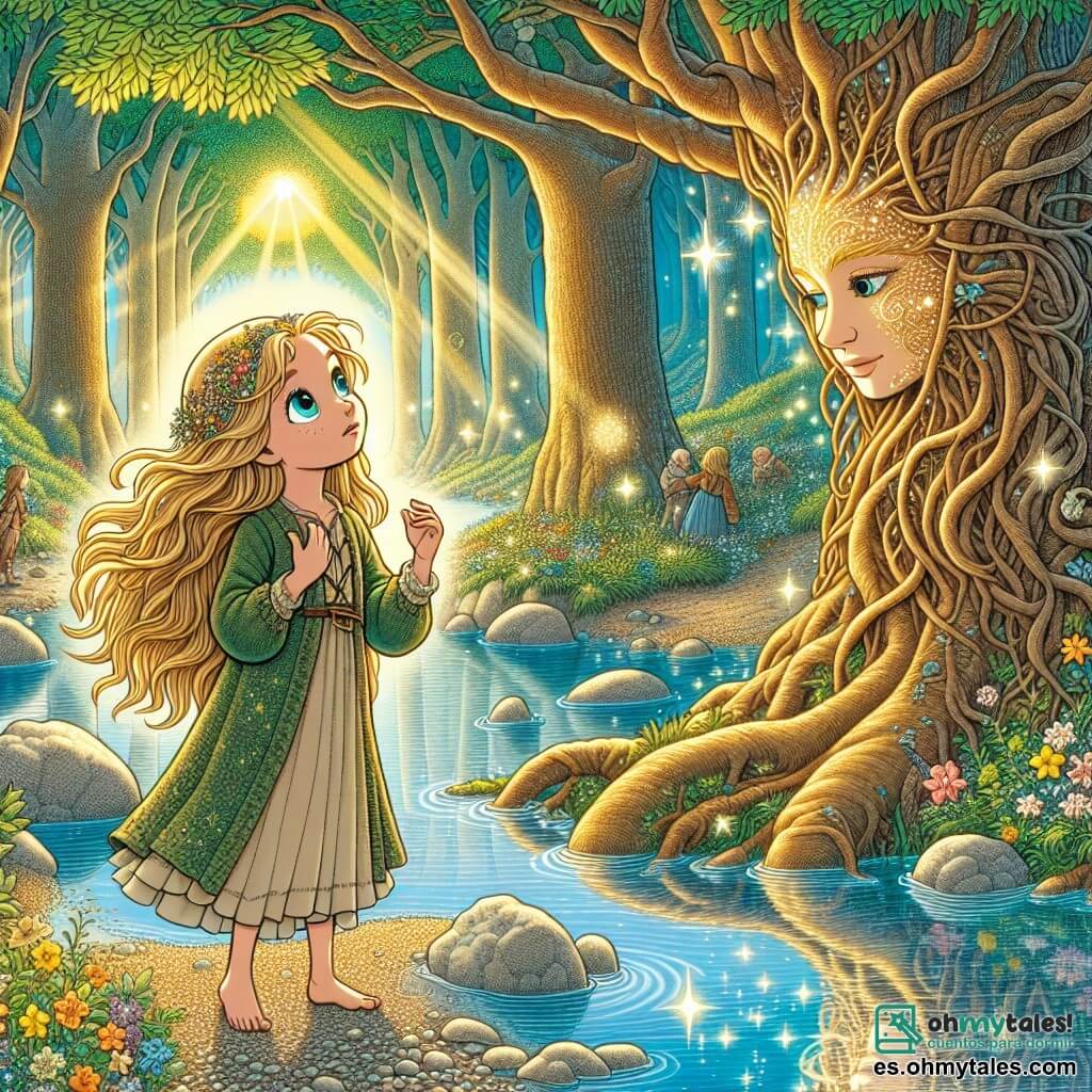 Una niña de 9 años, llamada Luna, se encuentra al borde de un hermoso arroyo, con ojos brillantes como estrellas y cabello dorado ondeando al viento. Muestra una expresión de curiosidad y asombro, observando su reflejo en el agua clara. Cerca, el Guardián del Bosque, un gran árbol majestuoso con un tronco ancho y ramas extendidas, parece hablarle con una voz suave y reconfortante. Sus hojas brillan en un verde intenso bajo el sol, creando una atmósfera mágica. El lugar es un encantamiento: el Bosque de los Susurros, lleno de altos árboles con troncos torcidos, flores coloridas y piedras brillantes que centellean en el suelo. Rayos de sol filtran a través del follaje, iluminando el paisaje con una luz dorada. La escena principal muestra a Luna, asombrada, escuchando atentamente las palabras sabias del Guardián, mientras el arroyo murmura recuerdos y secretos, creando un ambiente de descubrimiento y magia.