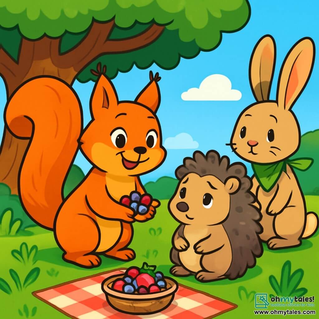 A bright orange squirrel named Maple, with a warm smile and sparkling kind eyes, stands at the center of the scene, holding colorful berries in her small paws. Next to her, a hedgehog with soft spines and sad eyes sits on the green grass, looking at Maple with a mix of curiosity and gratitude. A rabbit with large ears, wearing a worn leaf as a scarf, stands slightly back, his shy expression revealing a faint smile. In the background, a majestic oak tree provides shade, while a bright blue sky illuminates the landscape. The scene takes place during a joyful picnic, where Maple shares fruits with her new friends, creating an atmosphere of warmth, friendship, and comfort in a peaceful setting.