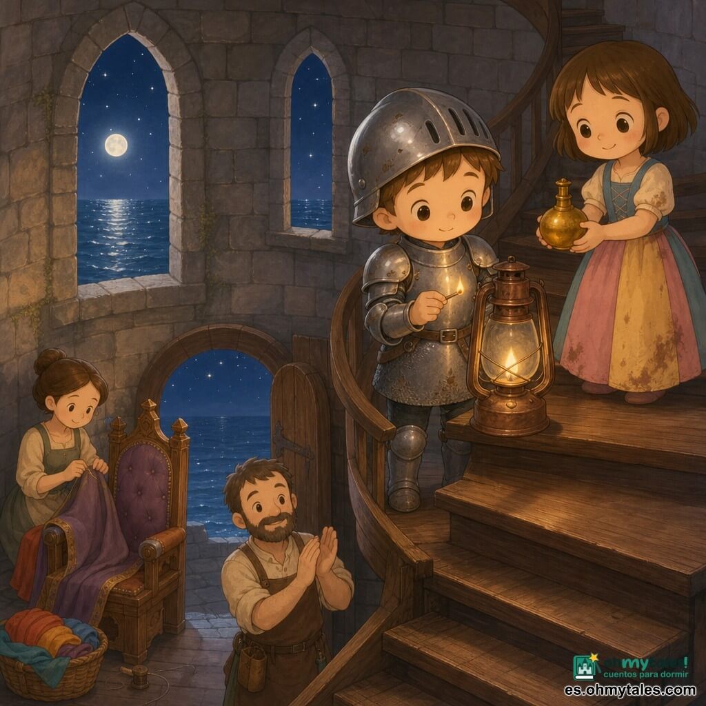 Un joven caballero llamado Mateo, de rostro redondo y sonrisa tímida, con casco ligeramente abollado y armadura simple, enciende con una cerilla una vieja lámpara de aceite de cobre en la cima de una torre mientras una niña llamada Lina, de unos 8 años y vestido colorido, le ofrece un frasco de aceite dorado; abajo, un carpintero de unos 45 años sonríe y aplaude y una costurera con un cesto de telas repara una costura junto al trono. La escena nocturna, en la cima de una torre de piedra con escalera de caracol y ventanas sobre el mar plateado, es cálida y serena, la luz redonda del faro baña el océano, con detalles de madera pulida, cobre envejecido y piedras texturizadas.
