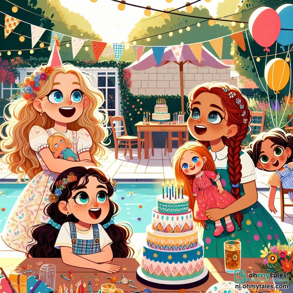 In het midden van de afbeelding houdt Maud, een 8-jarig meisje met lang blond haar en sprankelende blauwe ogen, haar pop Rosie in haar armen, met een grote glimlach op haar gezicht. Rechts van haar lacht Lotte, een 7-jarig meisje met krullend rood haar en sproeten, terwijl ze een gekleurde bal naar Noor gooit, een ander 8-jarig meisje met gevlochten bruin haar en een nieuwsgierige blik. Links van Maud bewondert Sofie, een 7-jarig meisje met zwart haar en vlechten, een grote taart versierd met fonkelende kaarsen. De setting is een zonnige tuin vol kleurrijke bloemen, zwevende ballonnen en een grote houten tafel met een vrolijke tafelkleed. De hoofdscene toont de vier vriendinnen die Mauds verjaardag vieren, omringd door lachen, spelletjes en lekkernijen, terwijl een schattig wit konijn met een gouden hoed hen met een ondeugende glimlach observeert, klaar om een vleugje magie aan hun dag toe te voegen.