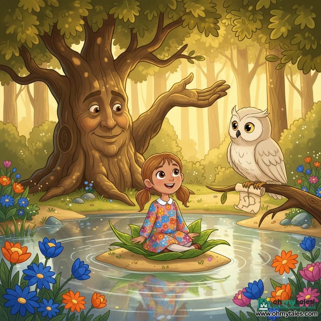 Six-year-old Mia smiles in wonder, eyes wide, chestnut pigtails and a colorful floral dress, sitting in a small boat of green leaves floating gently; behind her an ancient gnarled oak with a carved face and protective branches watches, and a wise cream-plumed owl with golden eyes perches on a low branch near the shore holding a small parchment map. The setting is a magical forest pond with silver water, vivid flowers and sparkling stones, golden light filtering through the leaves; Mia arrives by boat at a sandy island to meet the owl, the mood soft, poetic and slightly fairy-tale, warm colors, strong contrast, composition centered on the boat, oak left and owl right.