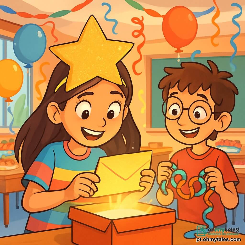 Uma menina de 12 anos, Sofia, com longos cabelos castanhos e olhos brilhantes de curiosidade, usa um chapéu brilhante em forma de estrela e uma camiseta colorida. Ela está abrindo uma caixa misteriosa, com o rosto iluminado pela empolgação e surpresa. Ao lado dela, um menino de 11 anos, Lucas, com óculos redondos e cabelos bagunçados, observa com um sorriso divertido, segurando uma guirlanda de papel colorido nas mãos. Ao fundo, a sala de aula está decorada com serpentinas cintilantes e balões coloridos, com mesas cheias de guloseimas para a festa. A cena mostra Sofia descobrindo uma carta dourada, cercada por uma atmosfera festiva e alegre, cheia de luz e cores vibrantes.