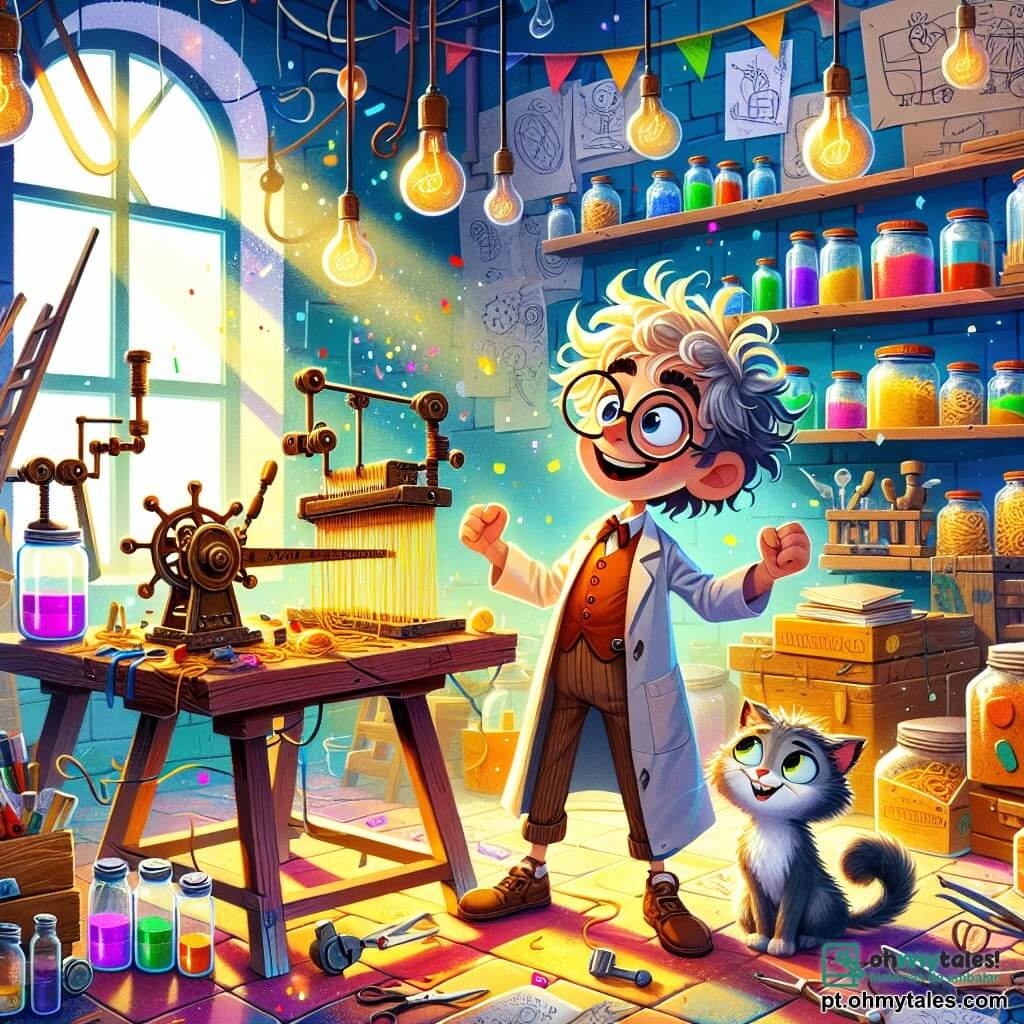 Teobaldo, um homem com cabelo desgrenhado e óculos redondos, está em pé em seu laboratório colorido, cercado por máquinas estranhas e frascos cheios de peças. Seu rosto expressa uma alegria radiante enquanto observa com empolgação sua última invenção, a Máquina de Desenrolar Espaguete, que está funcionando. Ao seu lado está Fiosinho, seu gato de pelos cinzas e olhos travessos, que observa com curiosidade, sentado em uma pilha de livros de receitas de massas. No fundo, uma janela aberta deixa entrar a luz do sol, iluminando as paredes cobertas de desenhos e esboços de suas invenções. A cena acontece em um laboratório vibrante, com prateleiras carregadas de frascos de vidro, ferramentas espalhadas sobre uma mesa de madeira, e reflexos de luz dançando nas paredes. Teobaldo, com um sorriso radiante, ativa sua máquina enquanto um pinguim de brinquedo, preso a uma colher pequena, gira alegremente, enrolando o espaguete com precisão. É um momento de magia e criatividade, onde a imaginação ganha vida em um turbilhão de alegria e inventividade.