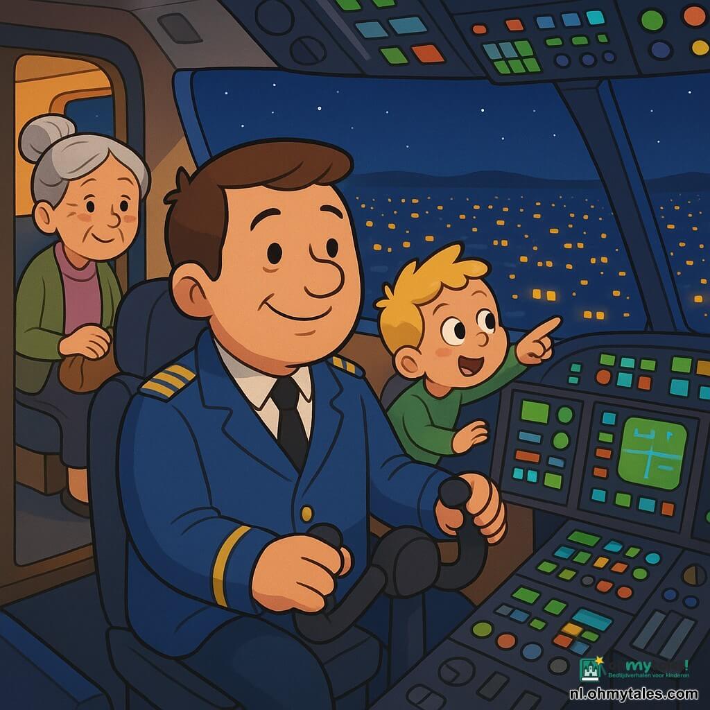 Een vriendelijke mannelijke piloot van rond de veertig, rond gezicht, kort bruin haar en zachte glimlach, draagt een blauwe pilotenjas met gouden epauletten en zit in de cockpit aan het stuur terwijl hij naar buiten naar de verlichte stad kijkt; naast hem een vrouwelijke co-piloot van circa dertig met zwarte staart en geconcentreerde, vriendelijke blik controleert de instrumenten; achter de piloot een verbaasd blond jongetje van ongeveer vier drukt zijn neus tegen het raam en wijst naar de lichten; in de passagierscabine, zichtbaar door de open deur, zit een geruststellend lachende grootmoeder van rond zeventig met grijs haar in een knot en een tasje op schoot; het is nacht, de cockpitverlichting is warm en de instrumenten tonen groene, blauwe en rode lampjes terwijl de ramen de stad beneden met gele en oranje puntjes tonen; scène: kalm moment na het opstijgen, de piloot spreekt zacht via de microfoon, de co-piloot controleert, de jongen kijkt vol verwondering, de grootmoeder ademt gerust; compositie gecentreerd op de piloot, lichte vogelvlucht, zachte kleuren, ronde vormen, kinderlijke stijl met duidelijke lijnen en zwarte contouren.