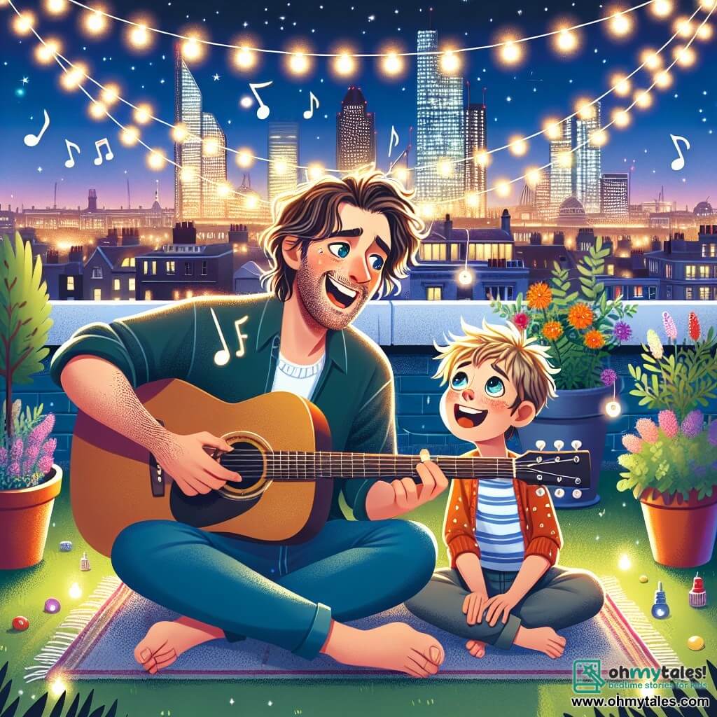 A man named Oliver Starling, in his thirties with slightly wavy brown hair and a three-day beard, sits on a green rooftop with his guitar in hand. He has a warm smile and sparkling eyes full of passion, singing enthusiastically, surrounded by floating musical notes. Next to him, a boy named Max, about 10 years old with messy blonde hair and bright eyes, sits cross-legged, listening attentively to Oliver. He has a wide smile, captivated by the magic of music. The lively rooftop is decorated with colorful flower pots and twinkling fairy lights, offering a stunning view of London, where the building lights begin to fade as the sun rises on the horizon. The main scene shows Oliver and Max creating a song together, their faces lit up with inspiration, while stars twinkle above them in a night sky that is starting to brighten.
