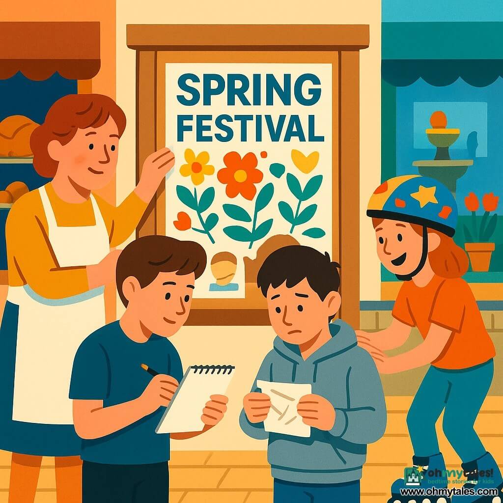 A focused, serene 12-year-old boy, Leo, with short brown hair and curious eyes, stands slightly sideways in front of a light wooden village noticeboard holding an open sketchbook and pencil; next to him a relieved, shy boy of about 12, Miles, in a slightly open gray hoodie with a bandaged left thumb, looks down while holding a box containing a crumpled poster; to the left a round-faced woman in her 50s, Mrs. Pimm the baker, wearing an apron with flour on her cheek, gently presses the poster back in place; to the right on a bench by a sparkling stone fountain an enthusiastic 11-year-old girl, Tessa, on skates and a stickered helmet, holds a corner of the poster and watches; the lively village square shows a bakery storefront to the left, a flower shop with tulips to the right, irregular cobblestones underfoot; everyone is repairing a spring festival poster patched with tape beside a small pinned portrait drawing of Miles with the phrase HONESTY FIXES THINGS underneath; warm, restorative atmosphere, clear composition, vivid contrasting colors and simple flat shapes.