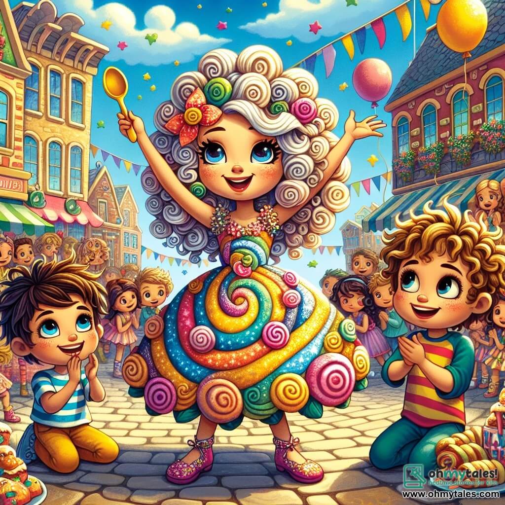 An 11-year-old girl, Lila, stands at the center of the scene, with curly, shiny hair, wearing a colorful dress adorned with fruit patterns. Her face is lit up by a radiant smile, revealing her excitement and determination as she proudly holds a golden spoon-shaped trophy in her hands. Next to her, Timmy Trotter, a 12-year-old boy with messy hair and round glasses, enthusiastically applauds, his eyes shining with admiration. A little further away, Nellie Nibbles, an 11-year-old girl with braids and a striped t-shirt, smiles knowingly while holding a plate of delicious pastries. The scene takes place in a lively square in the town of Whimsyville, surrounded by charming colorful houses and market stalls. Balloons float in the blue sky, and a joyful crowd gathers around a podium decorated with flower garlands. Lila has just won the town's boldest culinary challenge, the Taste Test Challenge, and she celebrates her victory surrounded by her friends and the residents of Whimsyville, all eager to taste the strange and delicious creations she has prepared.