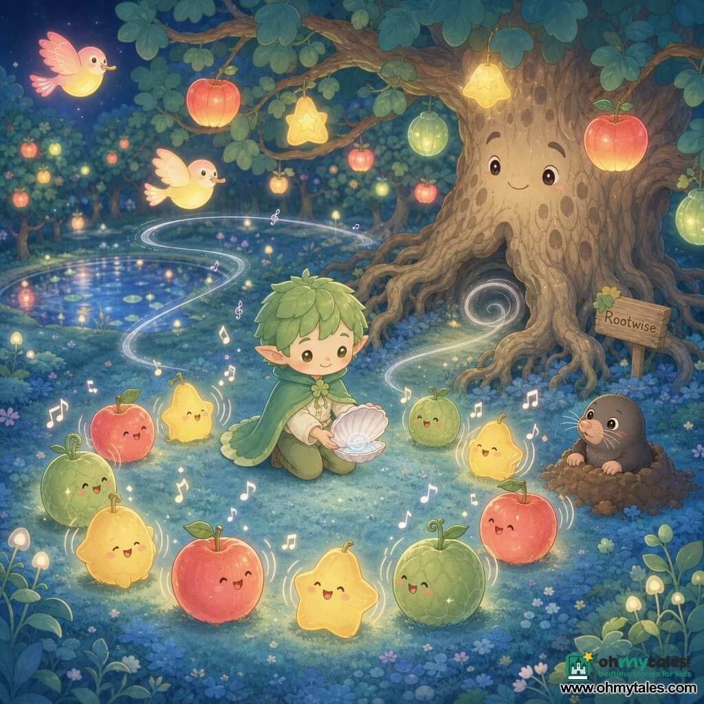A small elf boy named Lio with a round smiling face and hair of tender green leaves, wearing a clover-tied cape, kneels gently holding a tiny shell with a silver breeze; the enormous benevolent tree Rootwise, its bark spotted like owl feathers and coiled roots forming a cavity that exhales a thin swirl of air, bends a branch over him; a curious little mole with round eyes and fine whiskers emerges from a nearby mound, amazed; two pink-and-yellow glowing lantern-birds float in the background above luminous fruits; the scene is a circular night orchard with blue moss, hanging glowing fruits (red apple-lanterns, yellow star-pears, green bell-melons), floating moth-lamps and a small shimmering pond; Lio places the captured breeze at the center of a ring of fruits, which vibrate and emit luminous music as a thin wind, shown by silver curved lines, begins to flow; palette: soft pastels (mint, pale pink, cream yellow), warm fruit glows, minimal shadows, clean contours and rounded shapes.