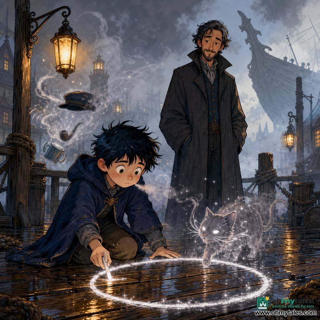 The main character is a young wizard named Finn, round-faced with freckles and messy hair, initially anxious then serene, kneeling on wet dock planks as he draws a glowing white chalk line like moonlight closing an incomplete circle; a secondary character, Bram, a discreet middle-aged mentor in a long dark gray coat, stands slightly behind to Finn's right with hands hidden and a calm, guiding gaze; another secondary presence is suggested by an invisible sailor—only a floating hat and a laugh, with nearby objects trembling—near a railing in the background; a fear-being appears as a small gray mist-cat with bright eyes and vapor whiskers that rubs the chalk's edge then dissolves into sparkling dust when Finn exhales; the setting is Greywharf harbor with varnished planks, damp ropes, suspended lanterns casting warm yellow light, thick fog curling into silver swirls and a ghostly gangplank floating in the mist; the scene shows Finn finishing the chalk circle with a hand that steadies, breathing calmly as the mist-creature fades and the lantern light warms the foggy night.