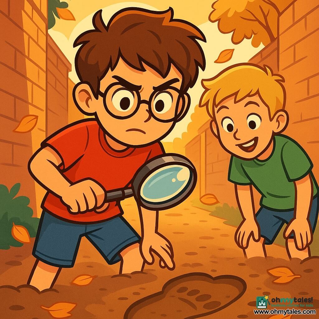 An eleven-year-old boy, Alex, with messy brown hair and round glasses, stands in the center of the image, looking determined and curious. He wears a red t-shirt and blue shorts, holding a magnifying glass in his right hand, intently examining the ground. Next to him, his friend Max, also a boy his age with blonde hair and an enthusiastic smile, wears a green t-shirt and is closely observing a footprint on the ground, leaning slightly forward. In the background, a narrow alley lined with tall brick walls is visible, with autumn leaves gently falling from the trees. The ground is covered in loose dirt, and golden sunlight from the setting sun illuminates the scene, creating a mysterious atmosphere. The main situation shows Alex and Max investigating a strange footprint on the ground, surrounded by an atmosphere of excitement and mystery, ready to solve the theft of their neighbor's rosebush.