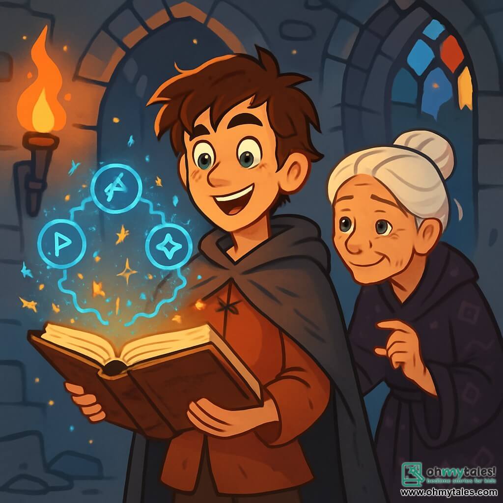 A young man named Aldric, about 20 years old, stands at the center of the scene. He has messy brown hair, sparkling green eyes filled with curiosity, and wears a long, worn gray wool cloak. His face shows a mix of determination and excitement as he holds an ancient tome open in front of him, glowing runes illuminating his face. Beside him, an elderly woman, likely around 70, stands slightly hunched, with white hair in a bun and a wise gaze. She wears a dark robe adorned with mysterious patterns and murmurs incantations while observing the runes. The setting is a ruined abbey with gray stone walls, flickering torches casting dancing shadows, and broken stained glass letting in shards of light. The atmosphere is charged with magic, with sparks of shimmering energy floating in the air. The main scene shows Aldric casting an ancient spell, the runes glowing around him, while the old woman encourages him with a kind smile, creating an ambiance of mystery and adventure.