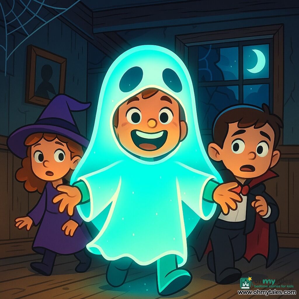 An 8-year-old boy, Tommy, is at the center of the image, wearing a glowing ghost costume that shines in the dark. His face is filled with excitement and boldness, with sparkling eyes and a wide smile. Next to him are two of his friends: an 8-year-old girl, Sarah, with curly hair and a purple witch costume, looking around with curiosity, and a 9-year-old boy, Lucas, dressed as a vampire, who appears a bit nervous with wide eyes. The scene takes place inside an old abandoned house, with worn wooden walls, cobwebs hanging in the corners, and dusty paintings on the walls. Moonlight filters through a broken window, creating a mysterious and slightly spooky atmosphere. In this main situation, Tommy, in his shining ghost costume, takes the lead, ready to explore the mysteries of the haunted house, while his friends follow him, intrigued and a bit anxious, ready for an unforgettable adventure.