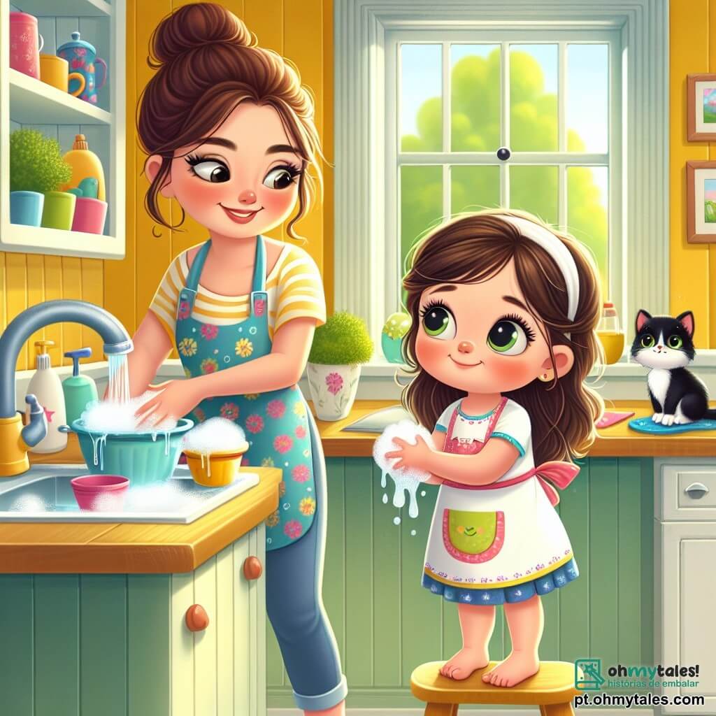 Uma menina de 4 anos, Sofia, com longos cabelos castanhos e olhos brilhantes, está em pé em um pequeno banquinho em uma cozinha iluminada. Ela sorri entusiasmada, com as mãos mergulhadas em água com sabão, lavando pratos. Ao lado dela, sua mãe, uma mulher de cerca de trinta anos com cabelos castanhos presos em um coque, sorri ternamente ao olhar para a filha. Ela usa um avental colorido e segura uma esponja em uma mão, pronta para ajudar Sofia. A cozinha é acolhedora, com paredes amarelas ensolaradas, janelas que deixam entrar a luz do dia e plantas verdes na janela. Um gato, Bolinha, um pequeno gato preto com olhos verdes brilhantes, está sentado na bancada, observando a cena com curiosidade, com a cauda enrolada em suas patas. Sofia, cheia de alegria, espirra água rindo, enquanto sua mãe, divertida, se prepara para secar os pratos. É um momento de cumplicidade e felicidade compartilhada entre mãe e filha, celebrando o dia especial do Dia das Mães.