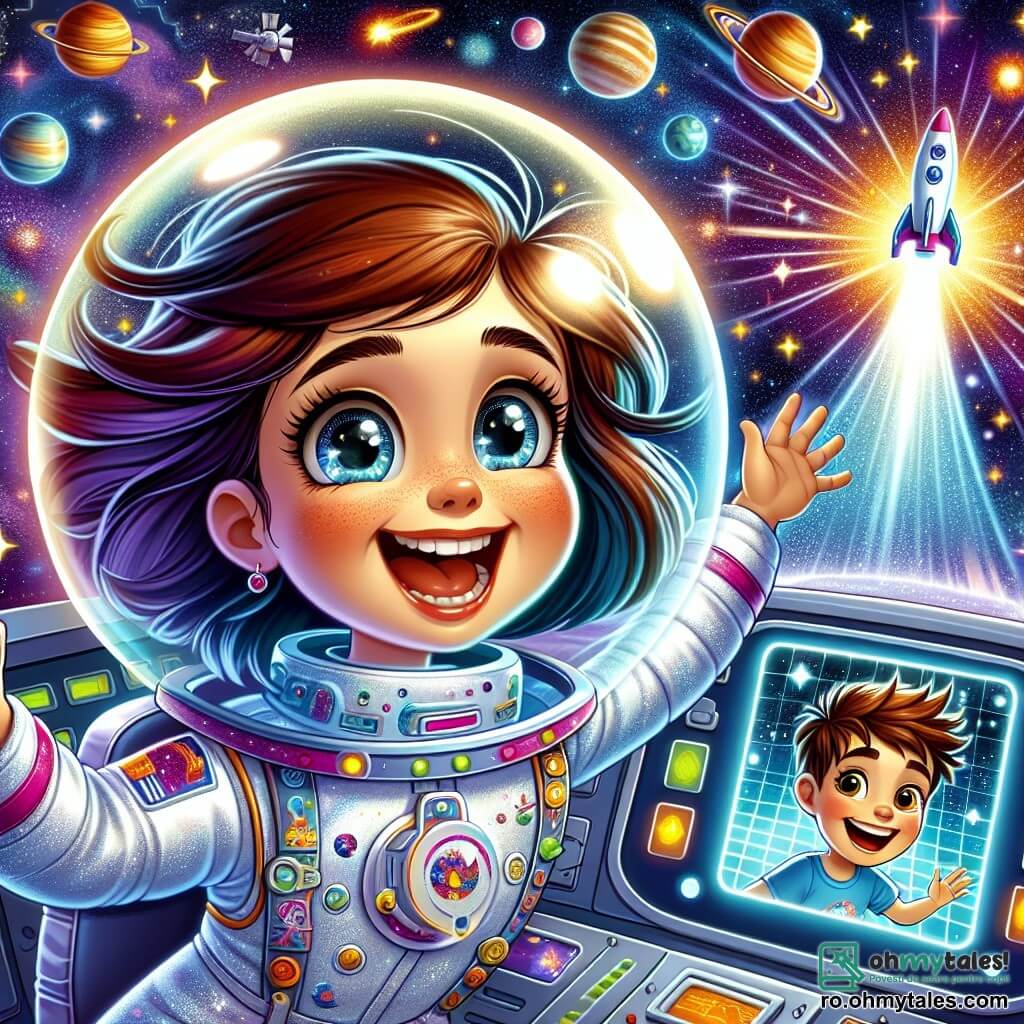 O astronaută zâmbitoare, Elena, se află în centrul imaginii, purtând un costum spațial alb strălucitor cu detalii colorate. Părul ei brun plutește ușor în imponderabilitate, iar ochii ei strălucesc de emoție în timp ce dansează vesel printre stele. Lângă ea, un băiat pe nume Luca, de aproximativ 10 ani, este reprezentat pe un ecran de comunicare. Are părul castaniu în dezordine și poartă un tricou albastru cu modele de rachete. Zâmbește cu uimire, cu ochii mari, ascultând poveștile Elenei. Fundalul este un vast spațiu cosmic, plin de planete colorate, stele scintilante și o cometă strălucitoare care traversează cerul. Nava spațială a Elenei este vizibilă în fundal, cu lumini intermitente și feronerie transparentă, adăugând o notă futuristă scenei. Situația principală o arată pe Elena împărtășind aventurile sale spațiale cu Luca, în timp ce plutește vesel în spațiu, creând o atmosferă de descoperire și uimire.