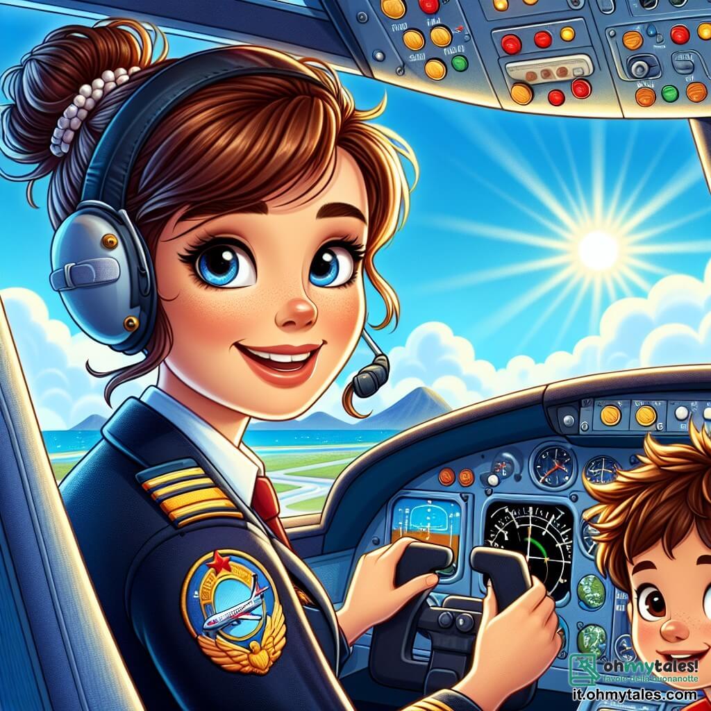 Al centro dell'immagine, una pilota sorridente, Laura, è seduta nel cockpit di un aereo. Ha i capelli castani raccolti in un chignon, indossa una tuta da pilota blu scuro con distintivi dorati, e il suo viso esprime determinazione e gioia. I suoi occhi brillano di eccitazione mentre guarda attraverso il parabrezza, osservando il cielo sereno davanti a lei. Accanto a lei, un giovane ragazzo di nome Luca, di circa 10 anni, è seduto nel sedile del passeggero. Ha i capelli castani disordinati, indossa una maglietta rossa e un piccolo casco da pilota. Il suo viso è illuminato dallo stupore mentre osserva Laura con ammirazione. Il cockpit è pieno di strumenti colorati, pulsanti e luci lampeggianti, mentre all'esterno si estende un cielo blu brillante, punteggiato da alcune nuvole bianche e soffici. Sullo sfondo, si possono vedere montagne maestose e un sole radioso che illumina la scena. Laura e Luca sono pronti a decollare, con Laura che regola i comandi dell'aereo, mentre Luca, con gli occhi spalancati, si aggrappa al suo sedile, impaziente di vivere questa avventura nei cieli.