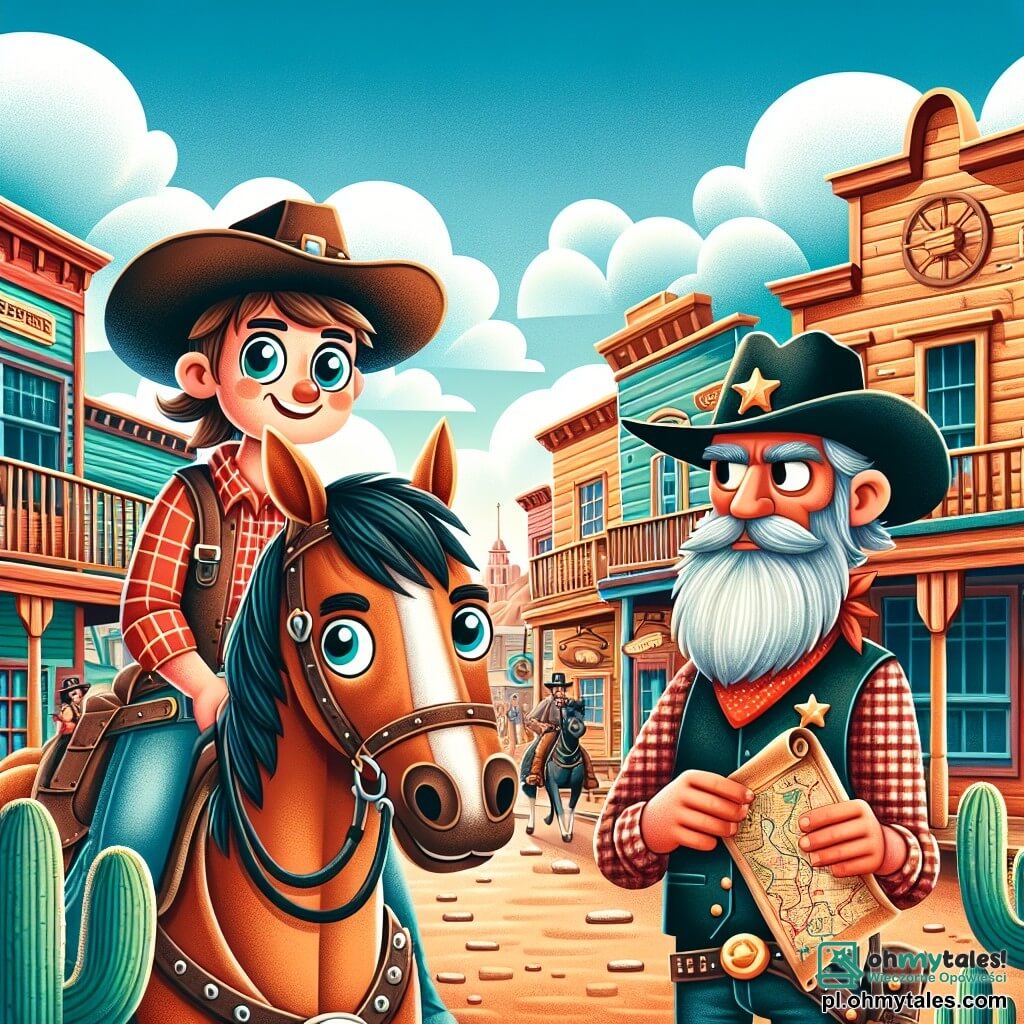 Nieustraszona cowgirl, Lena, dumnie stoi na swoim koniu Błyskawica, z szerokim uśmiechem i błyszczącymi oczami pełnymi ekscytacji. Ma lekko przechylony kapelusz kowbojski, czerwoną koszulę w kratę i znoszone skórzane dżinsy. Obok niej stoi stary brodaty szeryf, około 60-letni, z czarnym kapeluszem i błyszczącą gwiazdą na piersi, który poważnie pokazuje jej starą mapę. Tło stanowi ruchliwa ulica małej wioski na Dzikim Zachodzie, z drewnianymi budynkami w ciepłych kolorach, saloonami z wahadłowymi drzwiami i kaktusami rosnącymi tu i tam. Niebo jest niebieskie i słoneczne, z puszystymi białymi chmurami delikatnie unoszącymi się. Lena, pełna entuzjazmu, uważnie słucha szeryfa, gotowa wyruszyć na przygodę w poszukiwaniu tajemniczej mapy prowadzącej do legendarnej doliny skarbów.