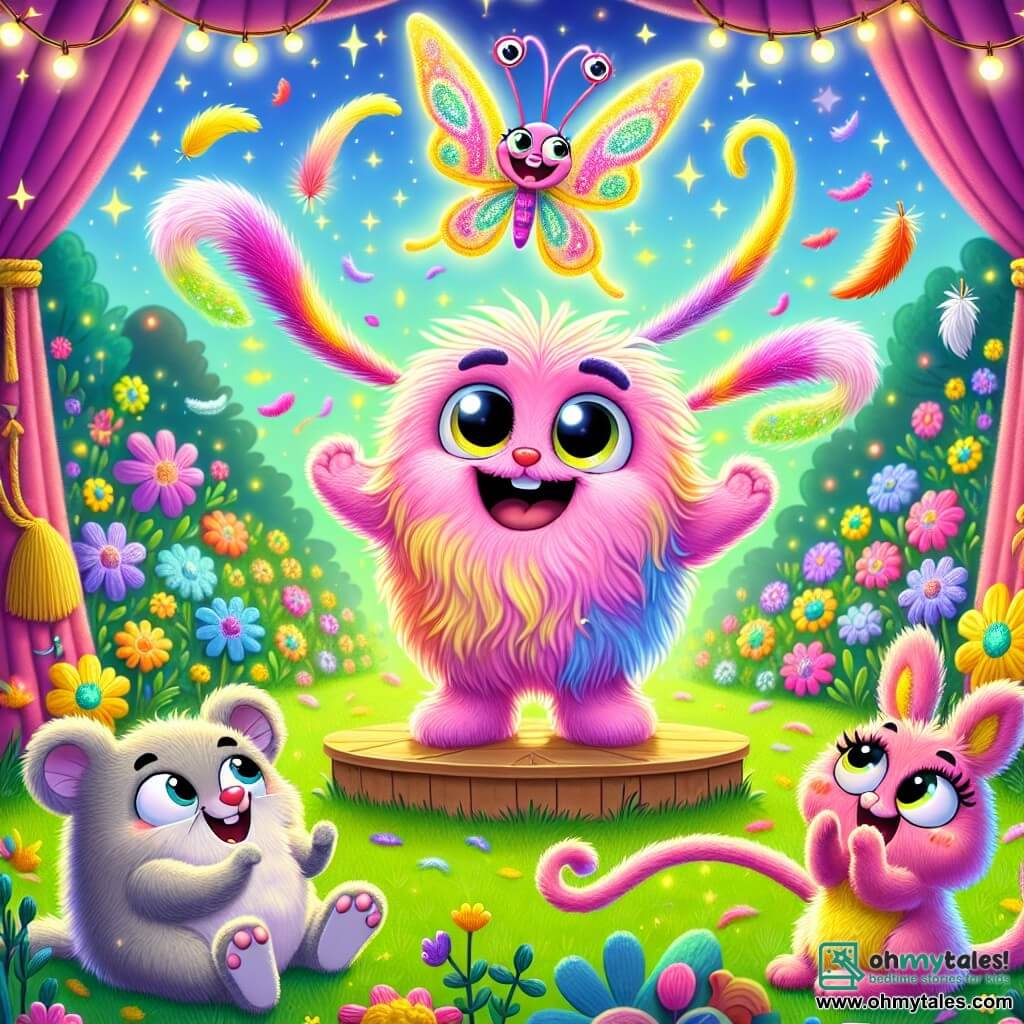 Wobblefluff, an adorable plush character with fluffy pink fur, bulging eyes, and a rainbow spaghetti-shaped tail, is on stage with arms raised in victory, a big smile expressing joy and excitement. Next to him, Flutterwhirl, a beautiful colorful butterfly with sparkling wings, flies in circles around him, displaying a radiant smile and sparkling eyes of encouragement. Squeaker, a wise little gray mouse with large ears, enthusiastically applauds from the edge of the stage, his eyes shining with pride. The setting is an enchanted meadow filled with colorful flowers and twinkling lights, where creatures of all kinds gather to enjoy the show, creating a festive and joyful atmosphere. The main scene shows Wobblefluff performing hilariously, dancing and telling a story while swaying comically, with feathers and confetti floating around him, as the audience bursts into laughter and applause, creating an atmosphere of happiness and magic.
