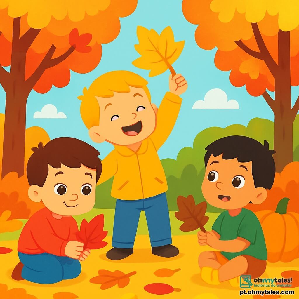 Há 3 personagens: Tomás, um menino de 3 anos com cabelos castanhos e olhos brilhantes, vestindo um suéter vermelho e calças azuis, agachado segurando uma folha vermelha; Lucas, um menino de 3 anos com cabelos loiros e um grande sorriso, usando uma jaqueta amarela e jeans, em pé levantando uma folha amarela acima da cabeça; João, um menino de 3 anos com cabelos negros e olhos curiosos, vestido com uma camiseta verde e shorts, sentado no chão segurando uma folha marrom e olhando seus amigos com admiração. O cenário é um jardim de outono, cheio de árvores com folhas vibrantes em vermelho, laranja e amarelo, e o chão coberto de folhas secas formando um tapete colorido. Ao fundo, há uma grande abóbora laranja brilhando sob o sol de outono. A cena principal mostra os três amigos coletando folhas coloridas, rindo e se divertindo juntos, rodeados pela beleza da natureza outonal.