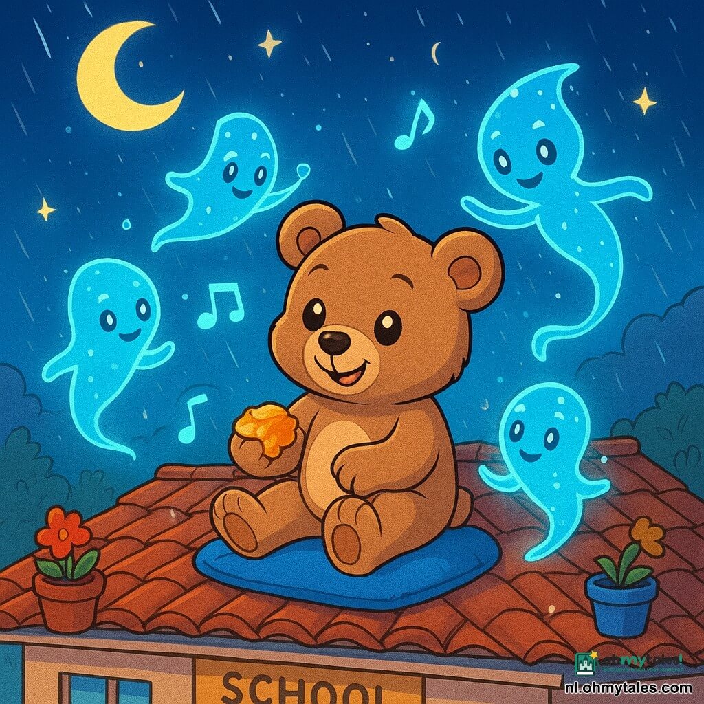 Bardo, een zachte, ronde teddybeer met lichtbruin vacht en nieuwsgierige, sprankelende ogen, zit op het dak van een school. Hij glimlacht vrolijk, met zijn grote poten op een gymkussen, terwijl hij naar een groep Glimmers kijkt, etherische en lichtgevende wezens die om hem heen zweven. De Glimmers, met hun doorschijnende en glinsterende lichamen, hebben heldere ogen en ondeugende glimlachen. Een van hen, iets groter, danst vrolijk om Bardo heen, terwijl een andere, kleiner, aandachtig naar een stuk honing kijkt dat Bardo in zijn poot houdt. Het dak is een magische plek, met terracotta dakpannen, kleurrijke bloempotten en een helder uitzicht op een sterrenhemel, waar de maan zachtjes straalt. Fonkelende sterren hangen als diamanten in de duisternis, en een lichte bries laat de bladeren van de planten dansen. De belangrijkste situatie toont Bardo en de Glimmers die samen een vrolijk moment delen, terwijl ze melodieën creëren met lichtnoten, terwijl de regen zachtjes begint te vallen en een vleugje magie aan hun ontmoeting toevoegt.