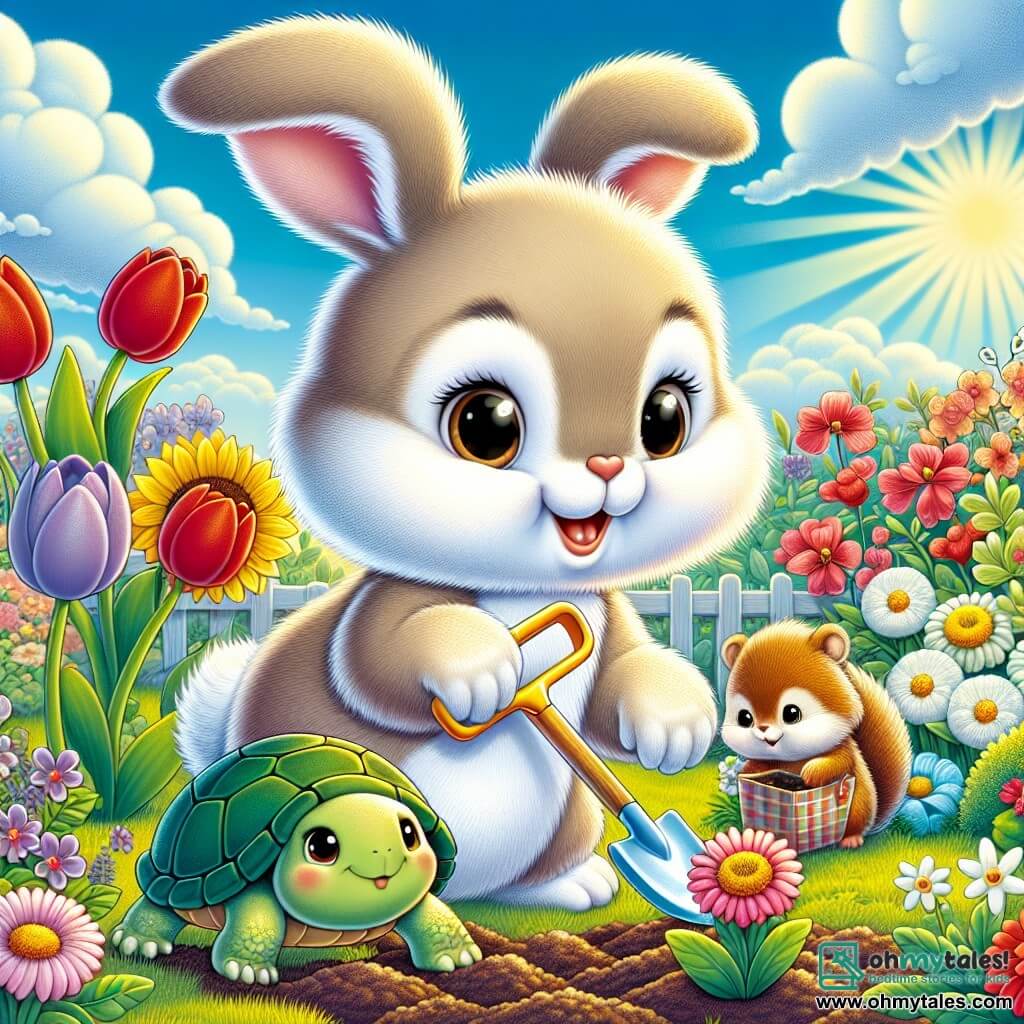 A little rabbit named Benny, with soft, fluffy beige fur and large, curious eyes, joyfully hops in a colorful garden, holding a small shovel in his front paws. He has a big smile on his face, showing his enthusiasm for helping nature. Next to him, a wise turtle named Lily, with a green shell and clever eyes, leans down to water newly planted flowers, displaying a proud expression as she sees the garden thrive. Further away, a mischievous squirrel named Tommy, with red fur and a bushy tail, picks up litter with a small bag, smiling at Benny and Lily. The garden is filled with colorful flowers, red tulips, white daisies, and yellow sunflowers, under a clear blue sky dotted with fluffy clouds. Sun rays illuminate the scene, creating a joyful and welcoming atmosphere. The main situation shows Benny and his friends working together to plant flowers and clean their garden, celebrating their commitment to caring for nature with laughter and smiles.